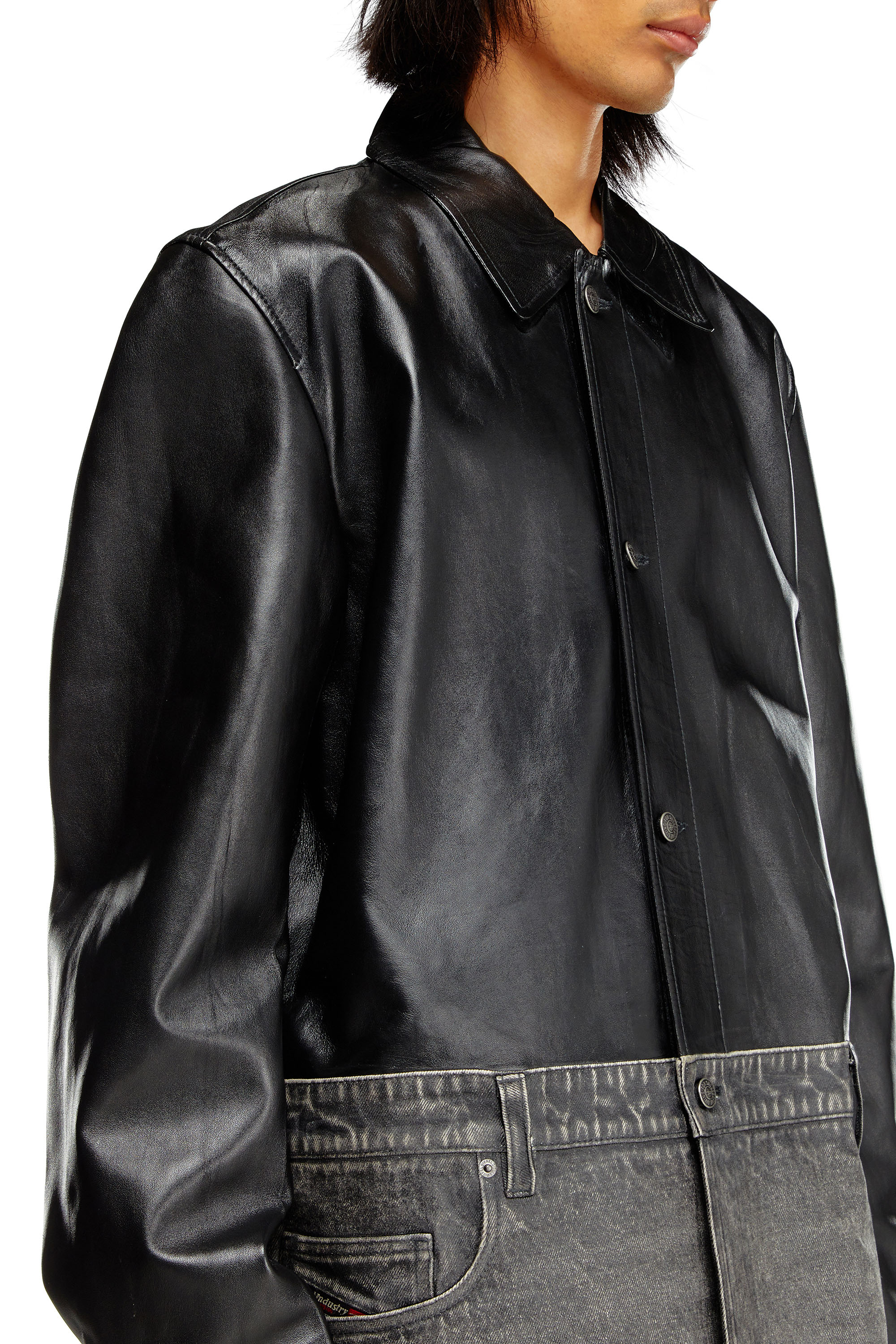 Diesel - L-BRETCH, Man's Leather and denim shirt jacket in Black - 3