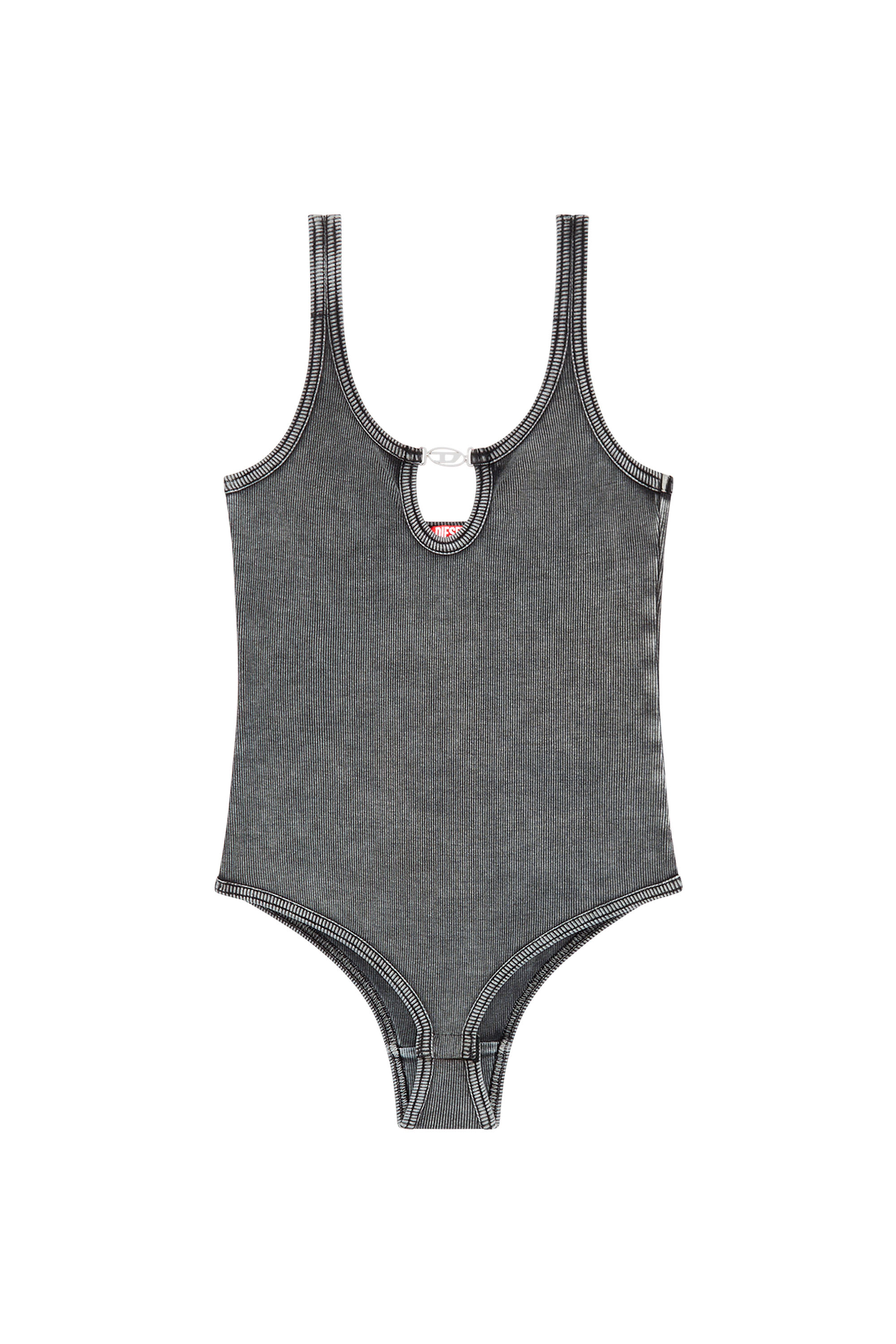 Diesel - UFBY-D-OVAL-COTTON-RIB-BODYSUIT, Body en canalé con placa Oval D Mujer in Gris - 4