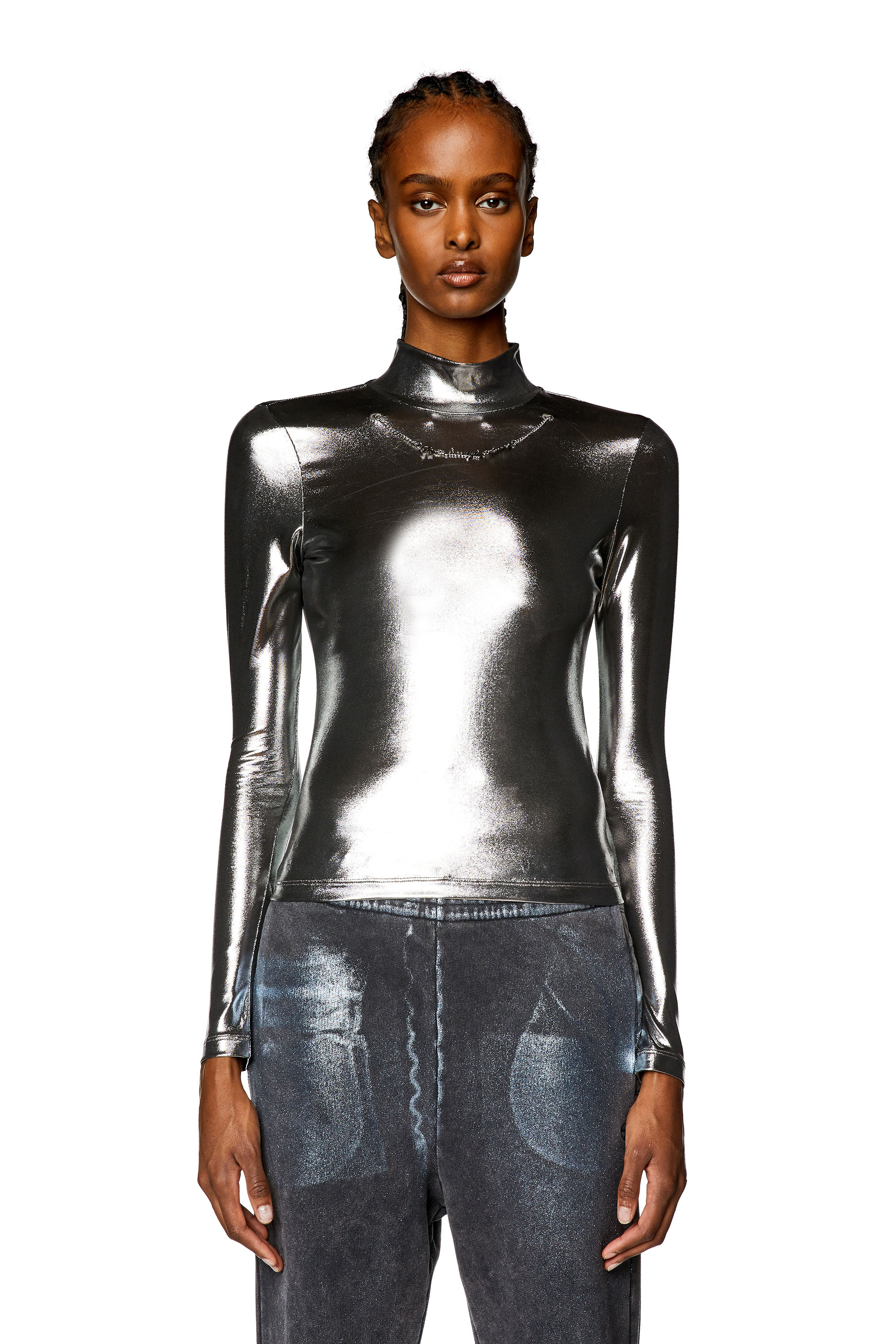 Diesel - T-META, Woman's Metallic top with chain detail in Black - 5