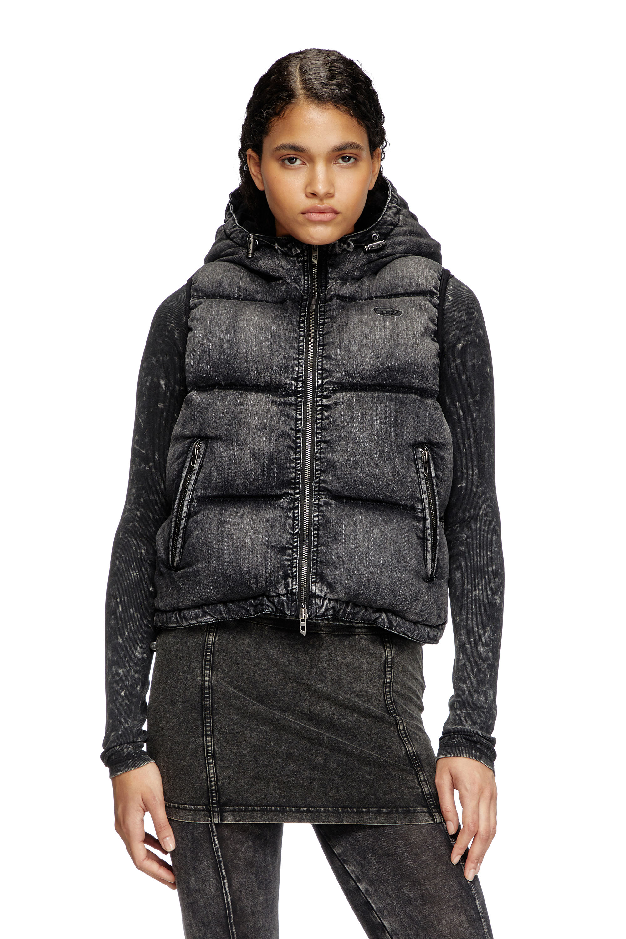 Diesel - W-HOPPER, Chaleco puffer con capucha en denim desteñido Mujer in Negro - 1