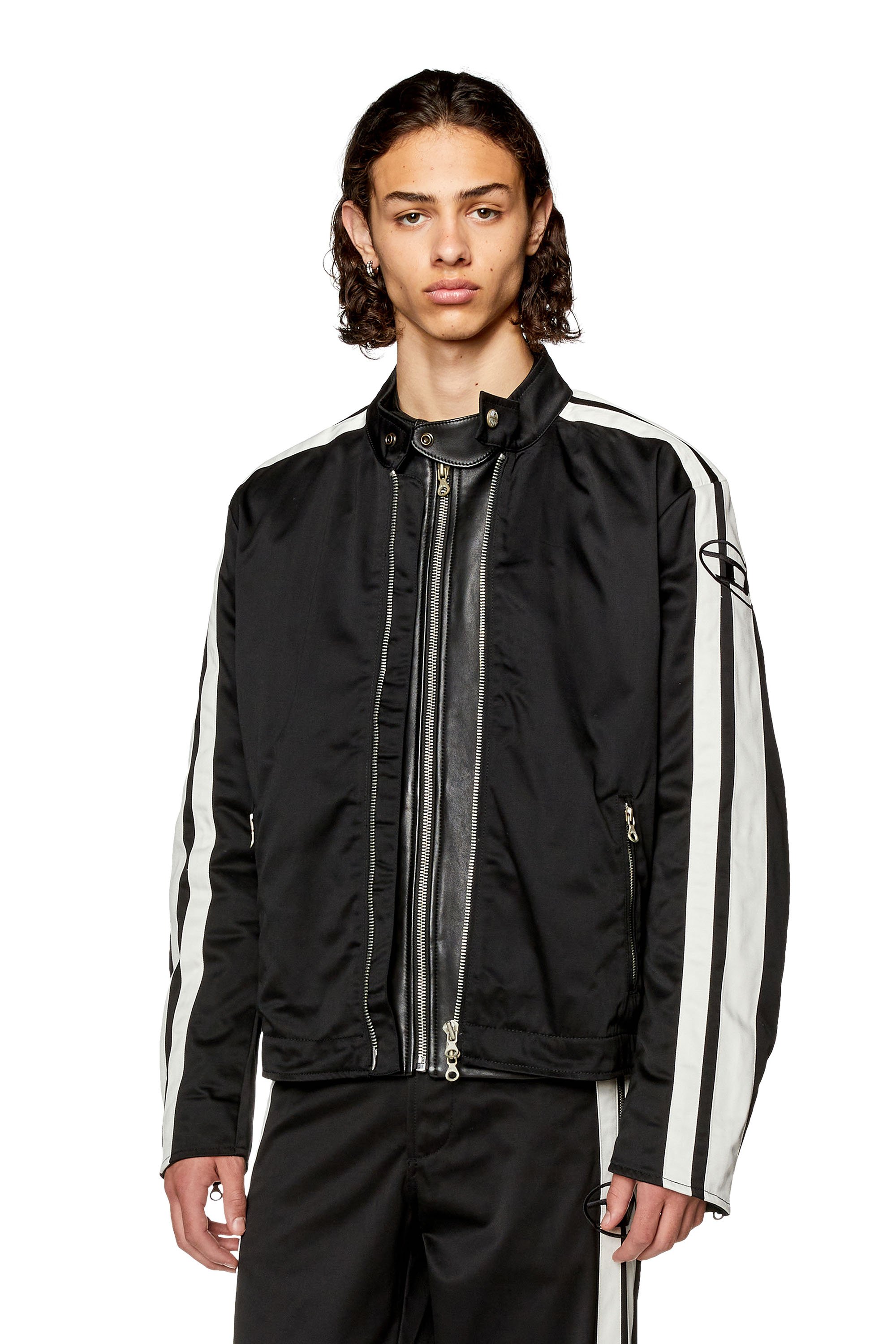 Diesel - J-BECK, Man's Biker jacket in padded cotton with bands in Black/White - 1