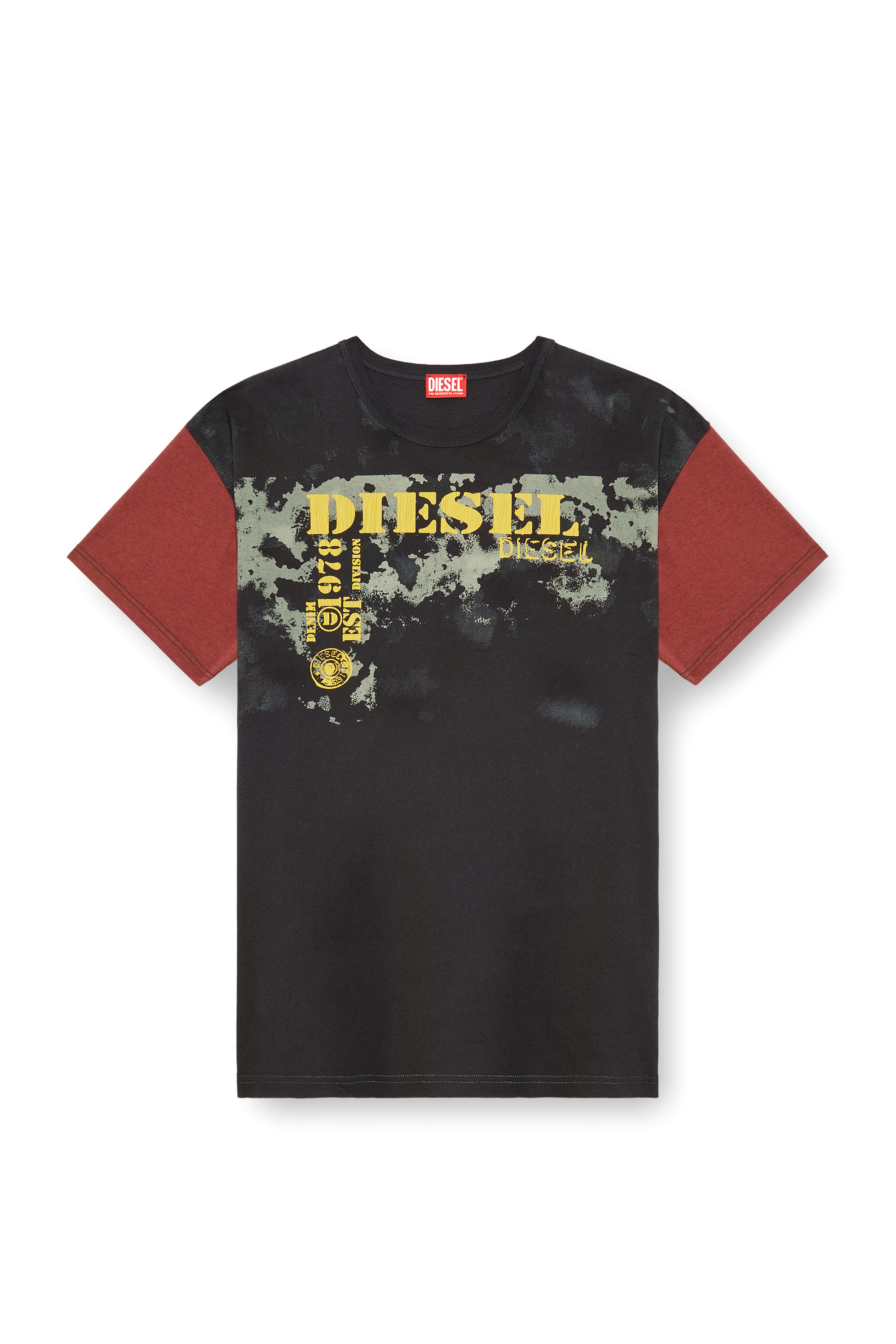 Diesel - T-BOXT-Q4, Man's Colour-block T-shirt with dirty effects in Black/Red - 4