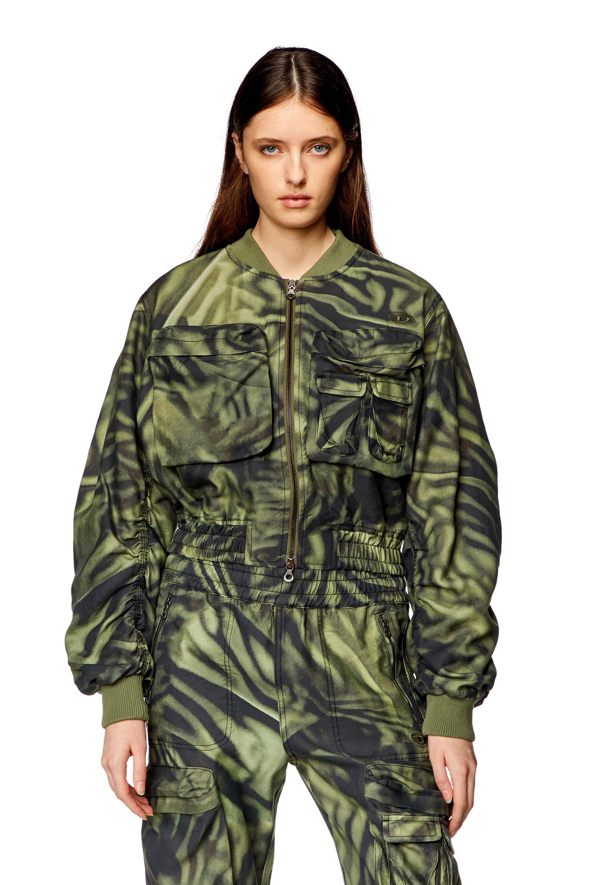 Diesel - G-KHLOW, Woman's Cargo bomber in zebra-camo twill in Black/Green - 5