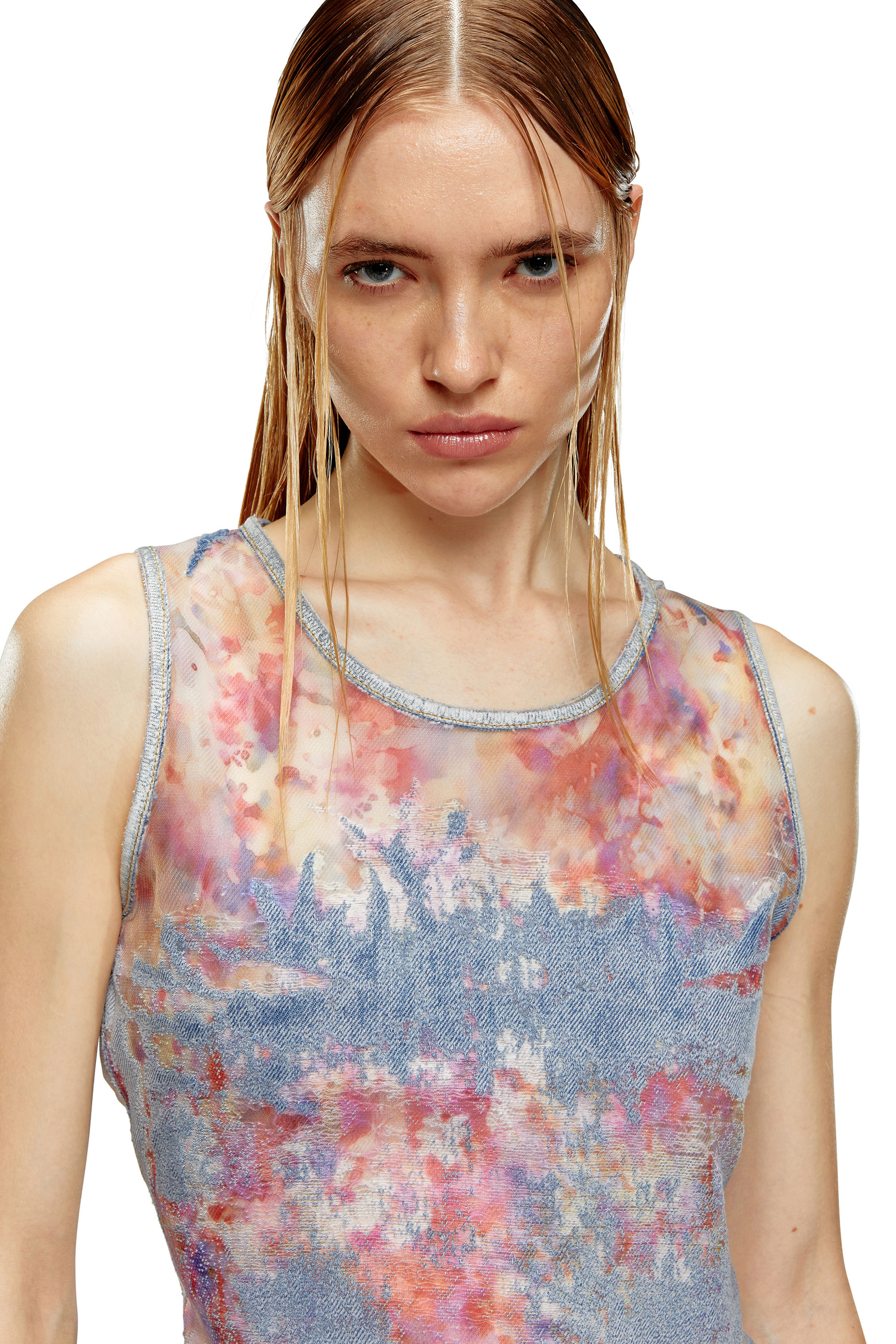 Diesel - DE-CIRI-FSE, Woman's Tank top in flower devoré denim in Blue - 4