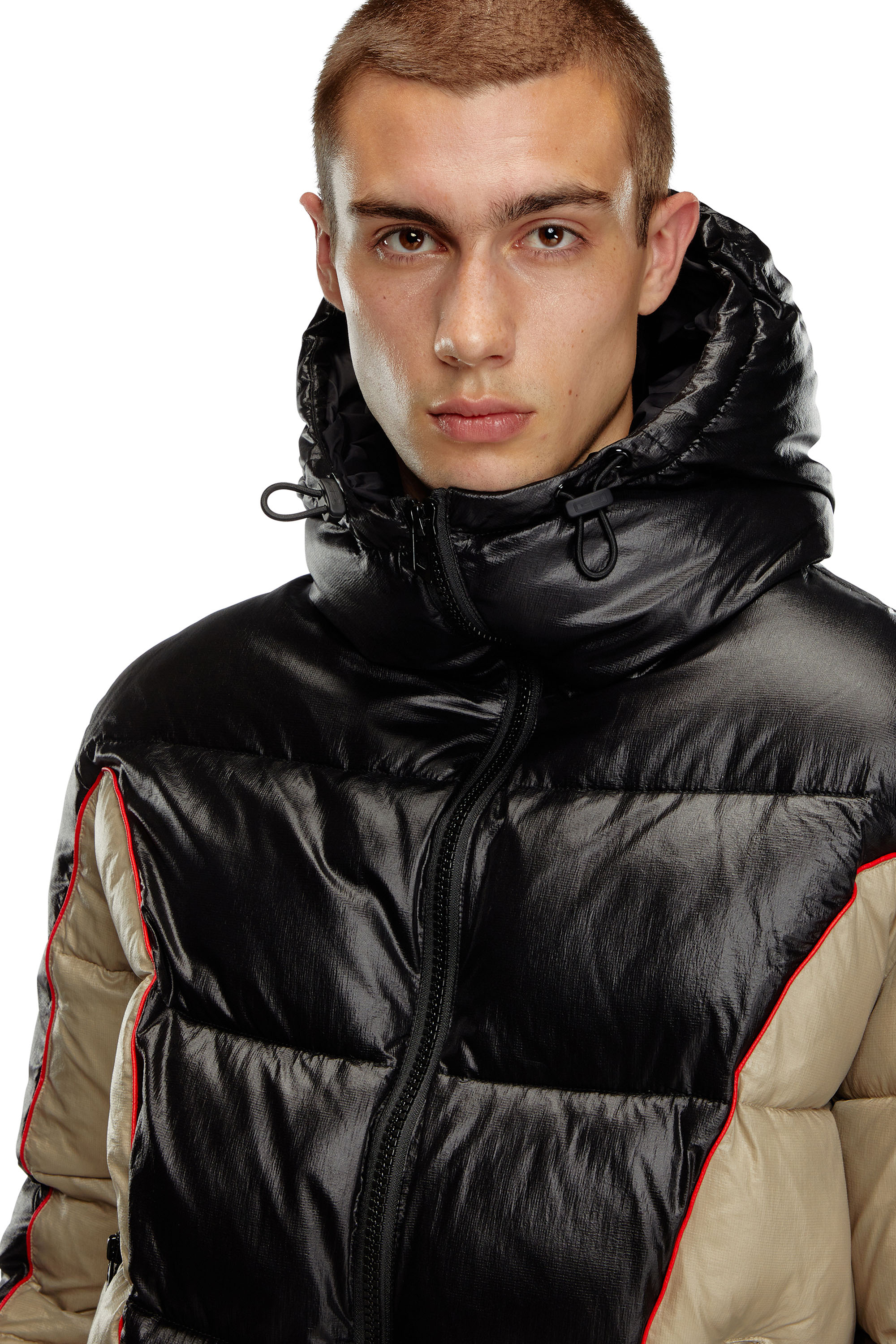 Diesel - W-OSTEND, Man's Hooded puffer jacket in shiny ripstop in Black/Beige - 4