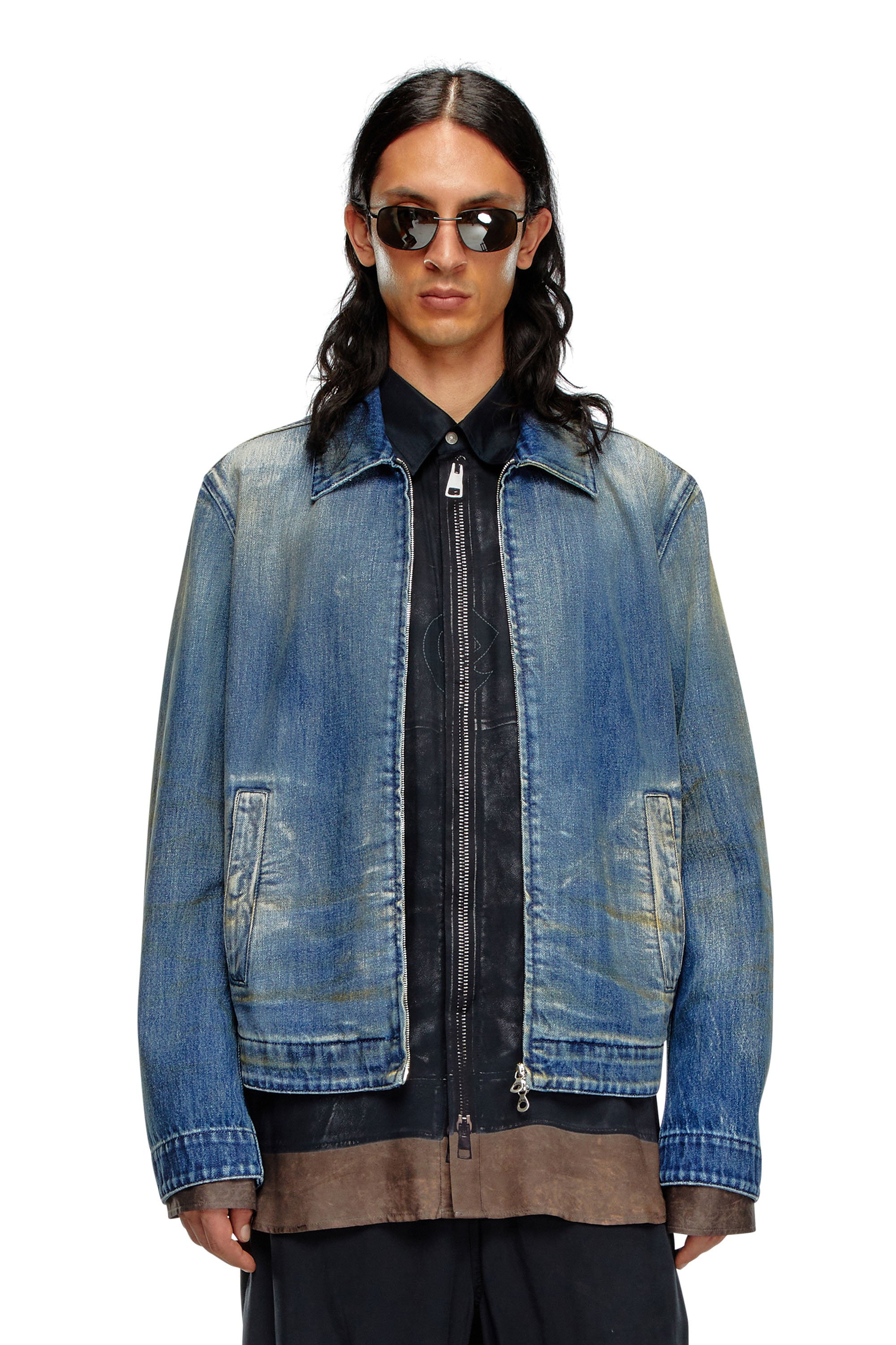 Diesel - D-ROHE, Man's Denim blouson jacket with dirt wash in Medium blue - 1