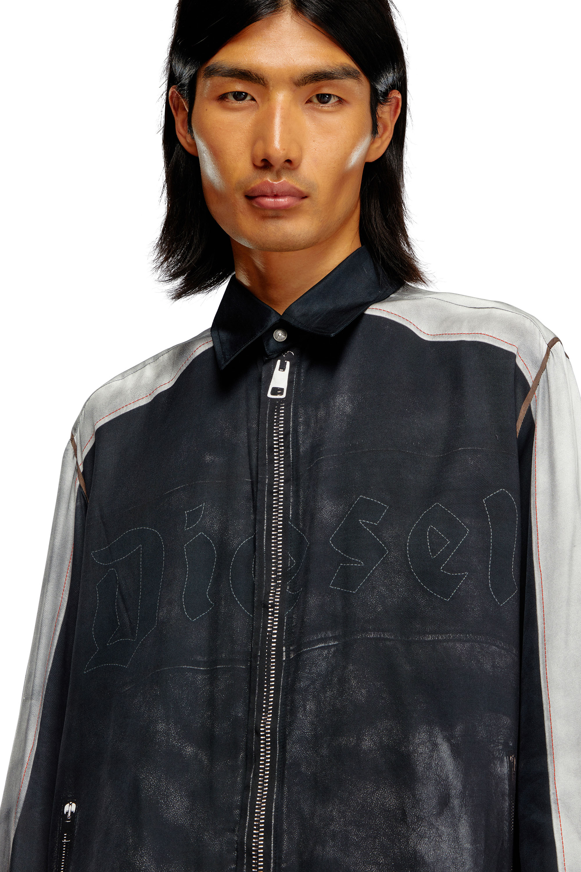 Diesel - S-AFTER, Man's Shirt with trompe l'oeil print in Black/Grey - 3