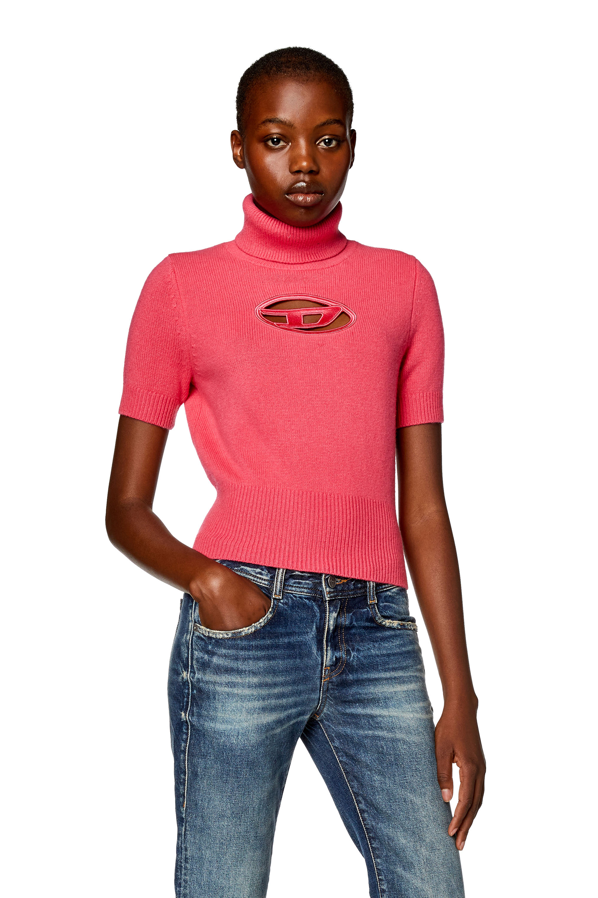 Diesel - M-ARGARET, Woman's Short-sleeve jumper with cut-out logo in Pink - 1