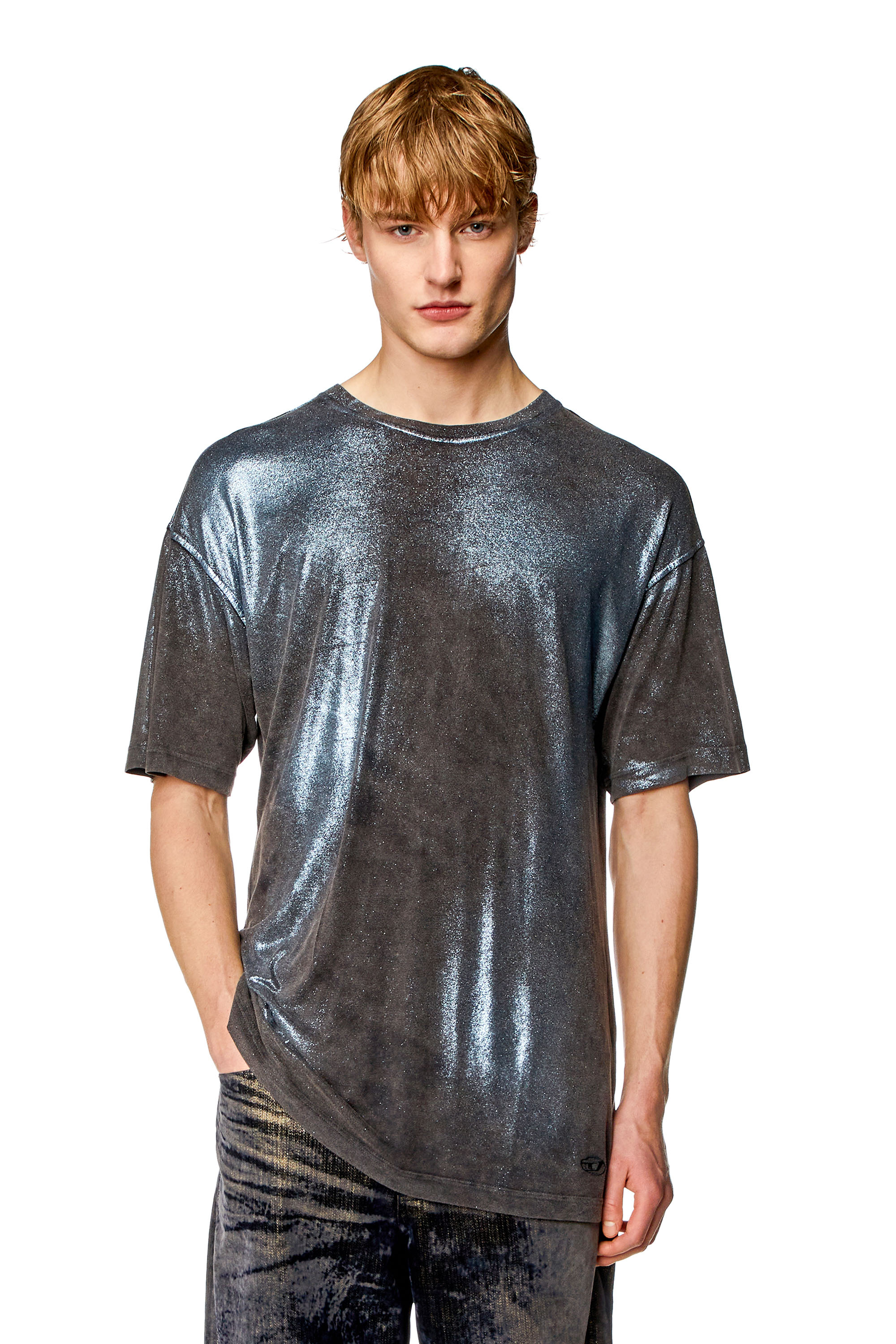 Diesel - T-BUXT, Man's Faded metallic T-shirt in Black/Blue - 1