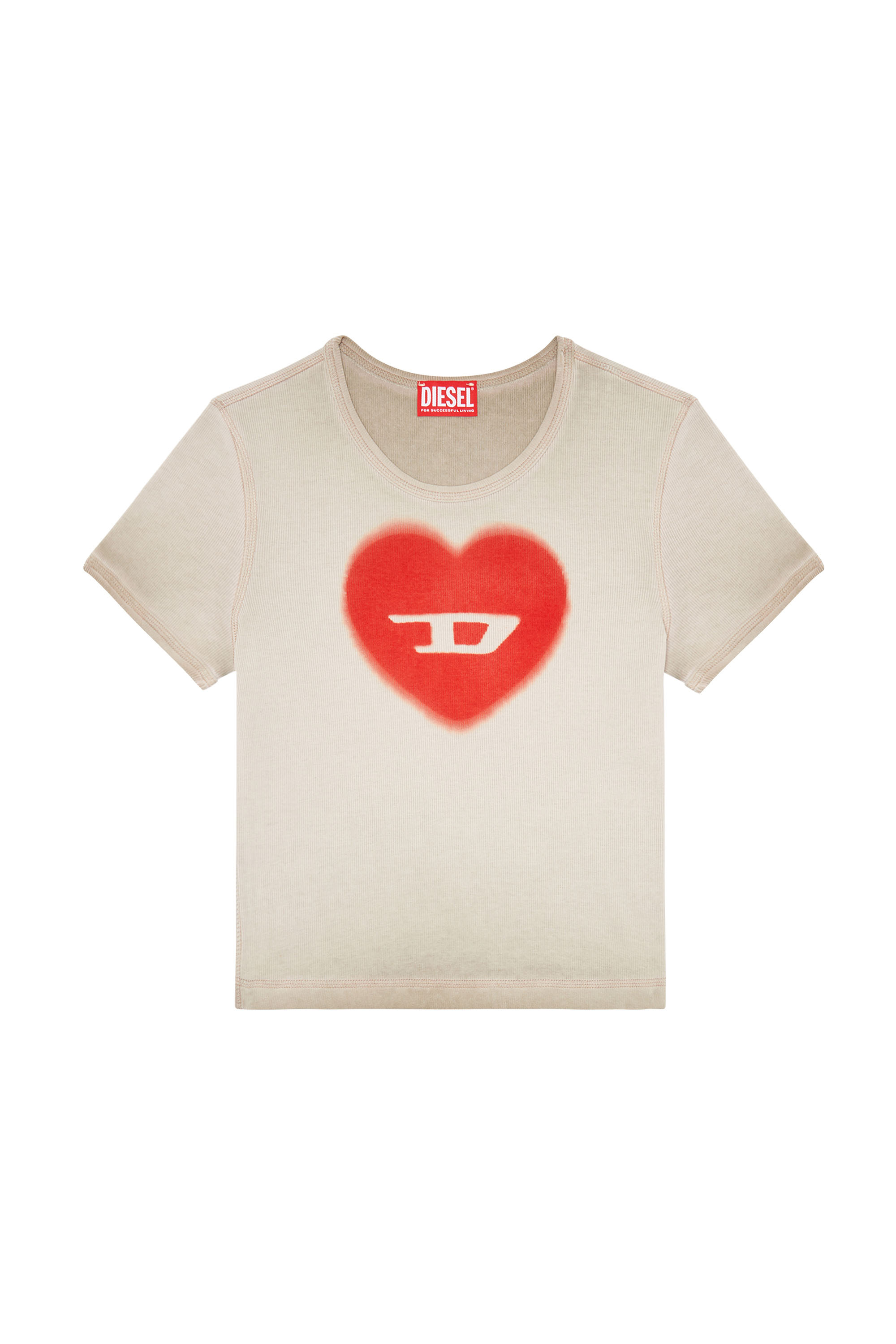 Diesel - T-ELE, Woman's Ribbed T-shirt with watercolour heart D in Beige - 4