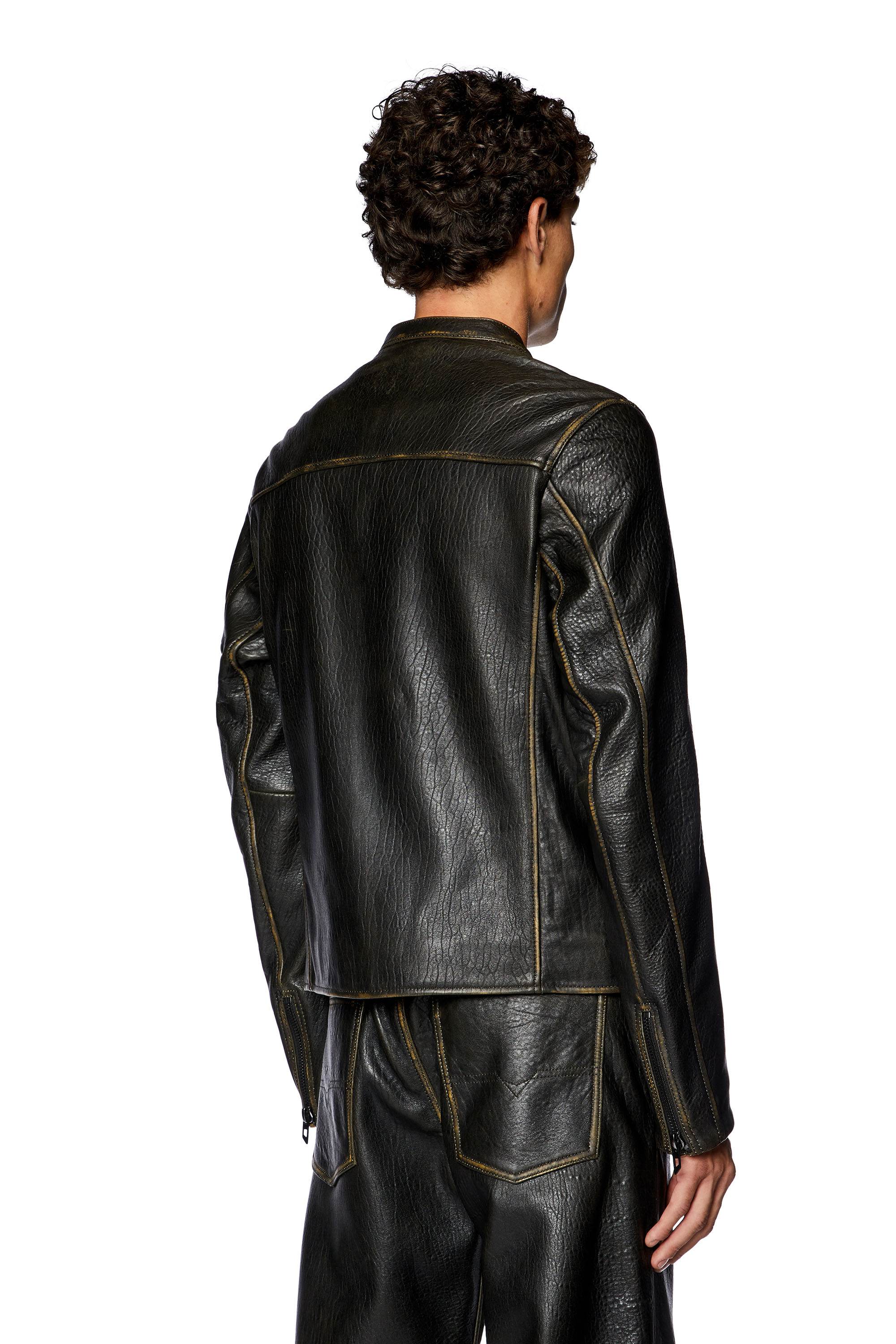 Diesel - L-COBBE, Man's Biker jacket in wrinkled leather in Brown - 3