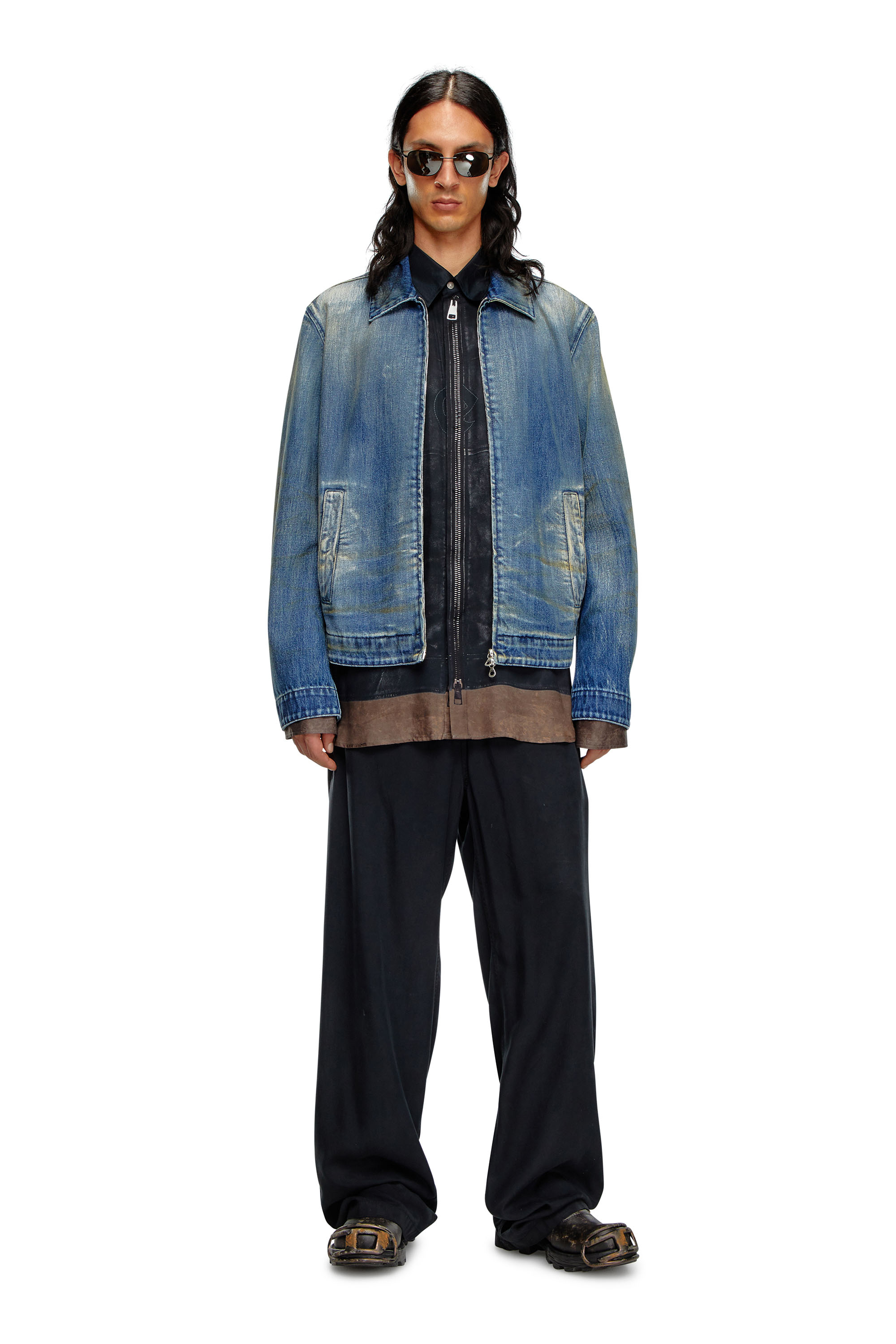 Diesel - D-ROHE, Man's Denim blouson jacket with dirt wash in Medium blue - 2