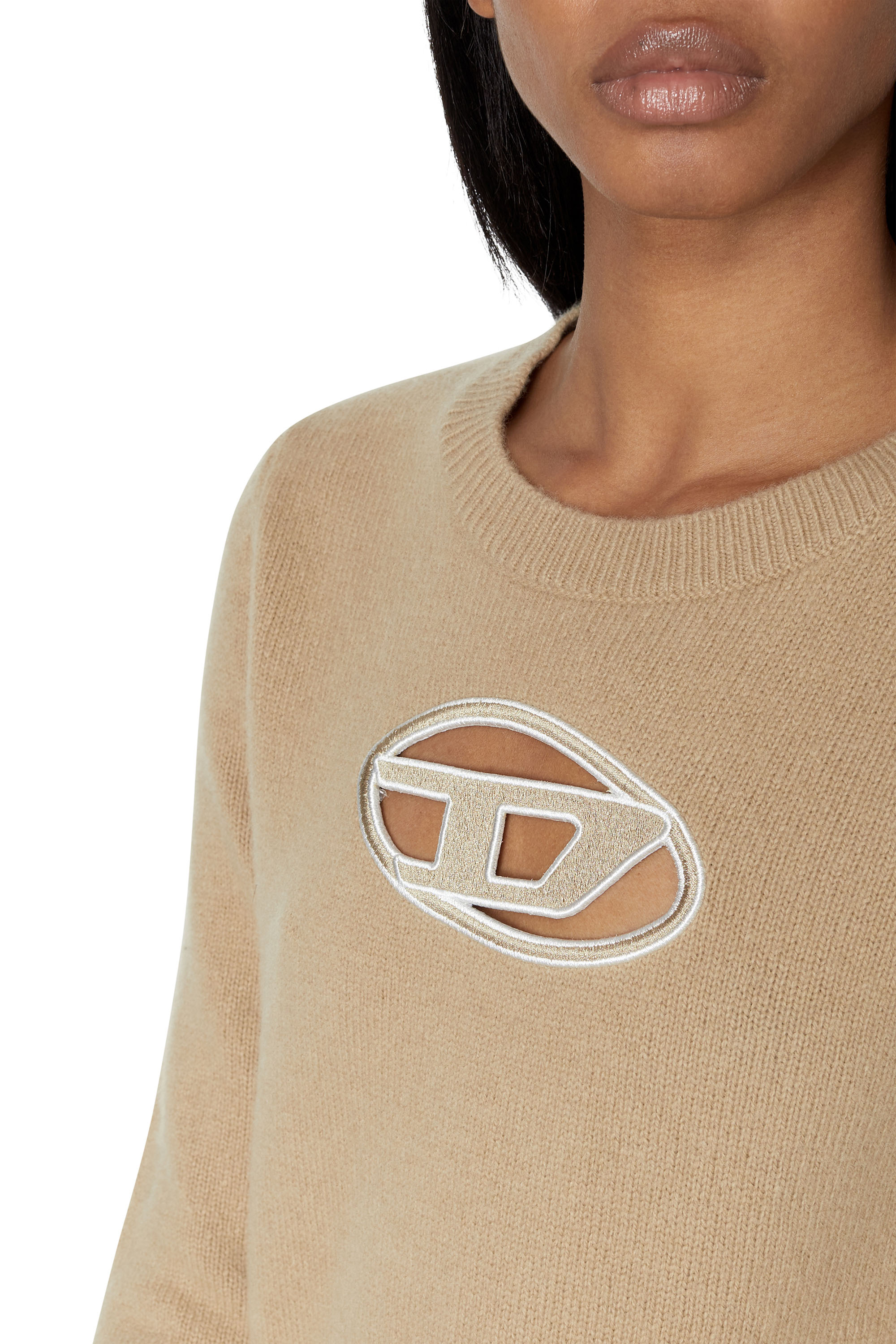 Diesel - M-AREESA, Woman's Jumper with embroidered cut-out logo in Beige - 4