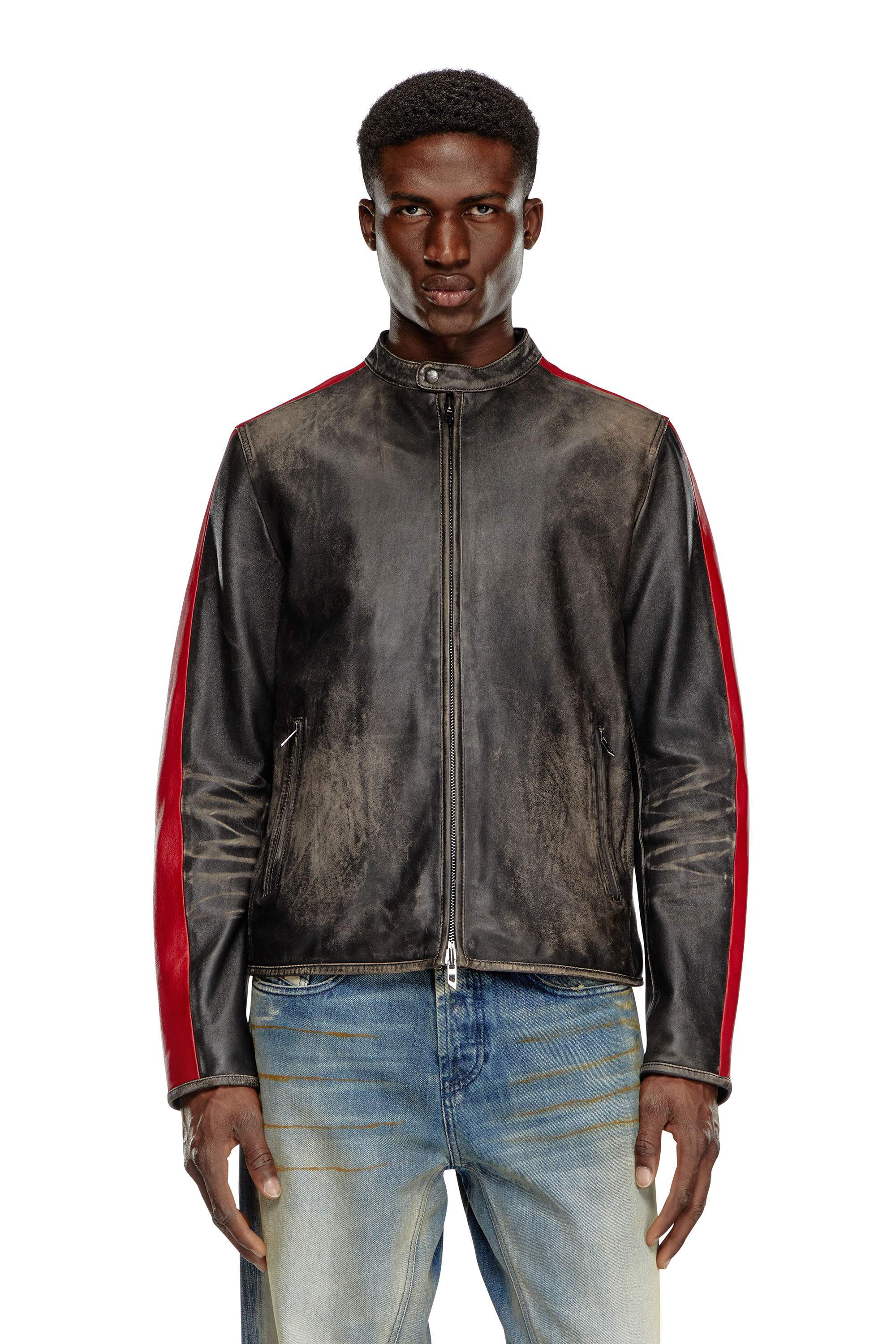 Diesel - L-RENN, Man's Leather jacket with contrasting stripes in Black/Red - 5