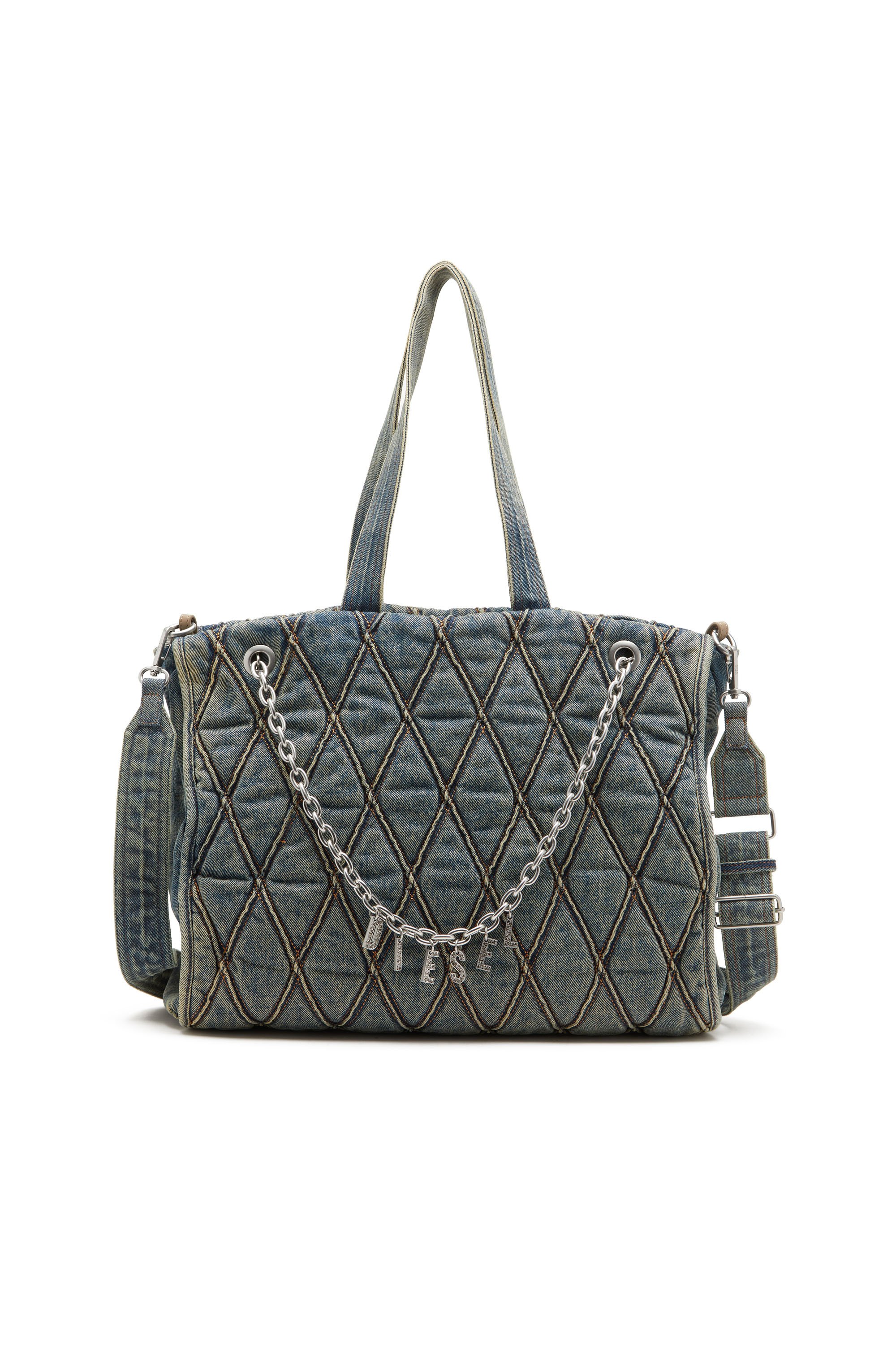 Diesel - CHARM-D SHOPPER, Charm-D-Bolso tote de denim acolchado con motivo Argyle Mujer in Azul marino - 1