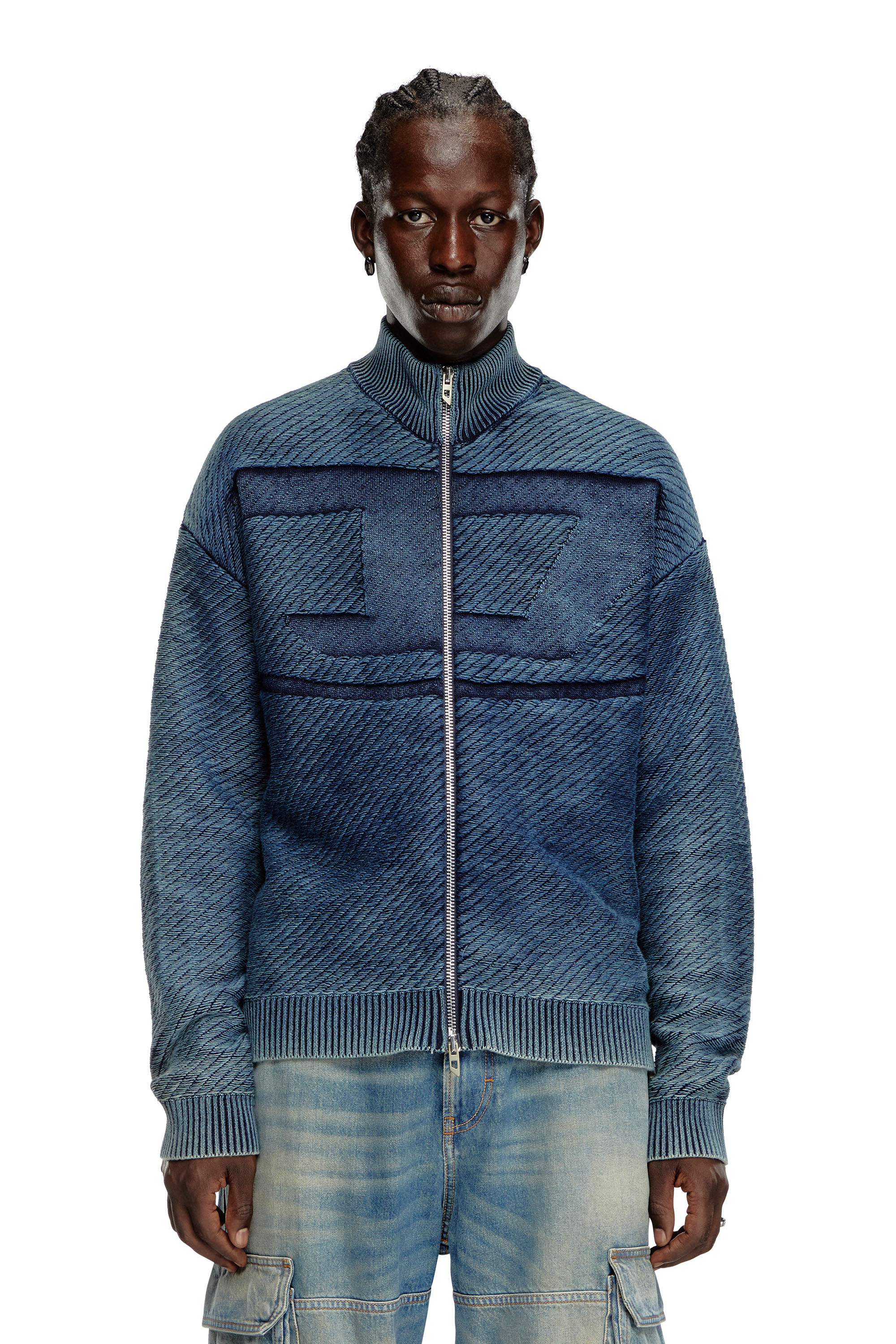 Diesel - K-KLEVERY-ZIP, Man's Denim-effect zip-up cardigan in cotton in Blue - 5