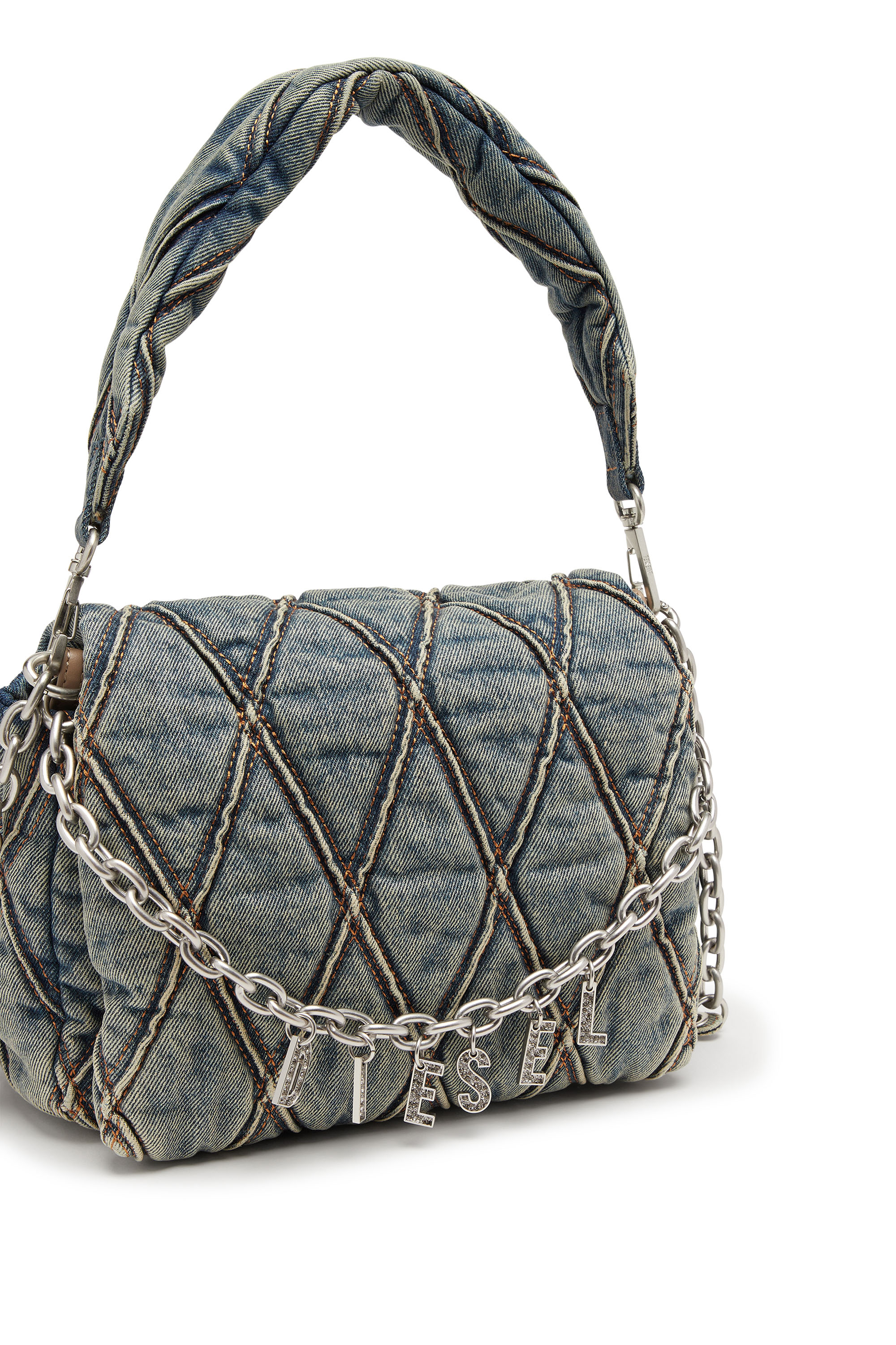 Diesel - CHARM-D SHOULDER M, Woman's Charm-D M-Handbag in quilted denim in Medium blue - 5