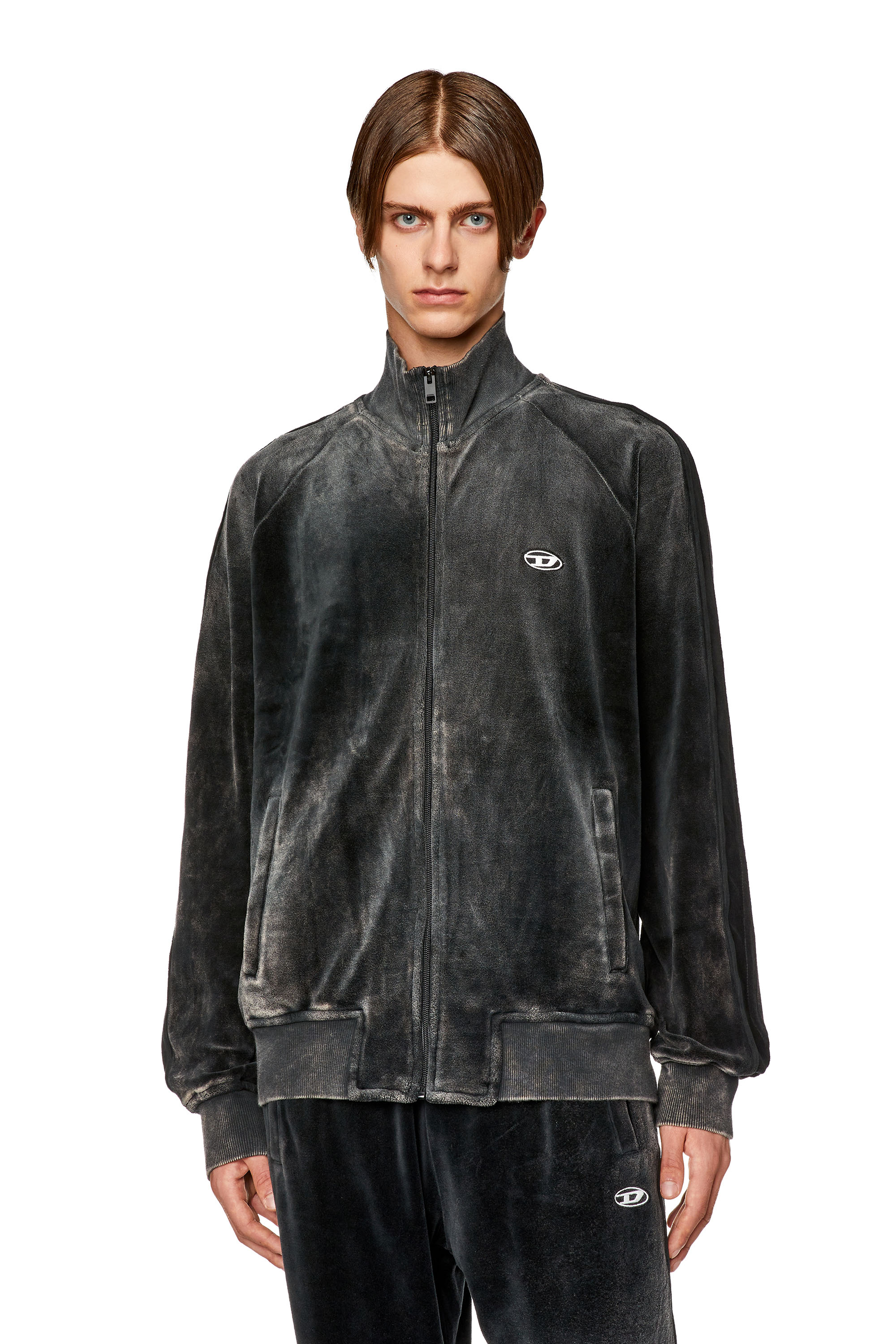 Diesel - S-RABAND, Man's Chenille track jacket with mock neck in Black - 1