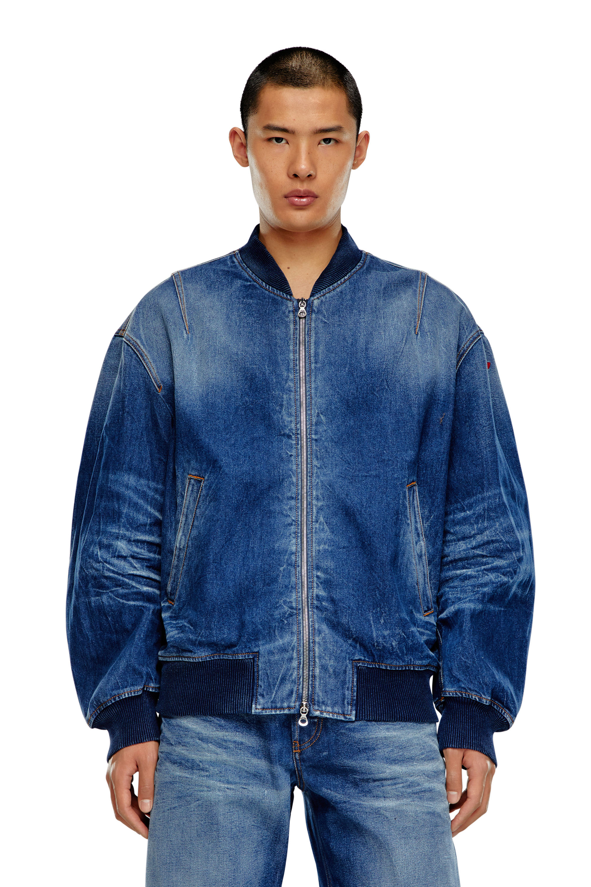 Diesel - D-VINZ-S, Man's Bomber jacket in dented denim in Dark Blue - 5