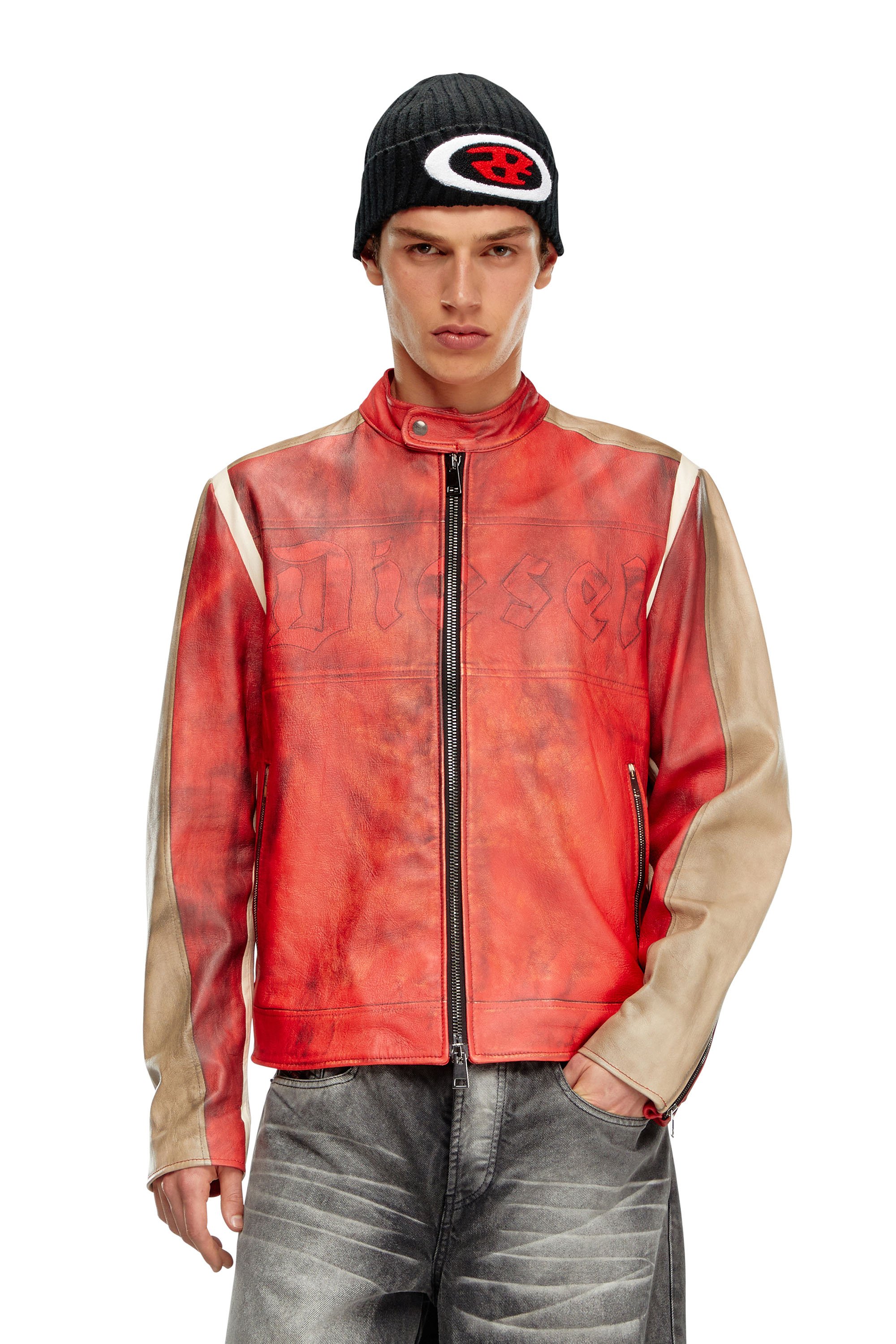 Diesel - L-RUSCHA, Chaqueta biker de cuero con efecto de suciedad Hombre in Rojo - 1