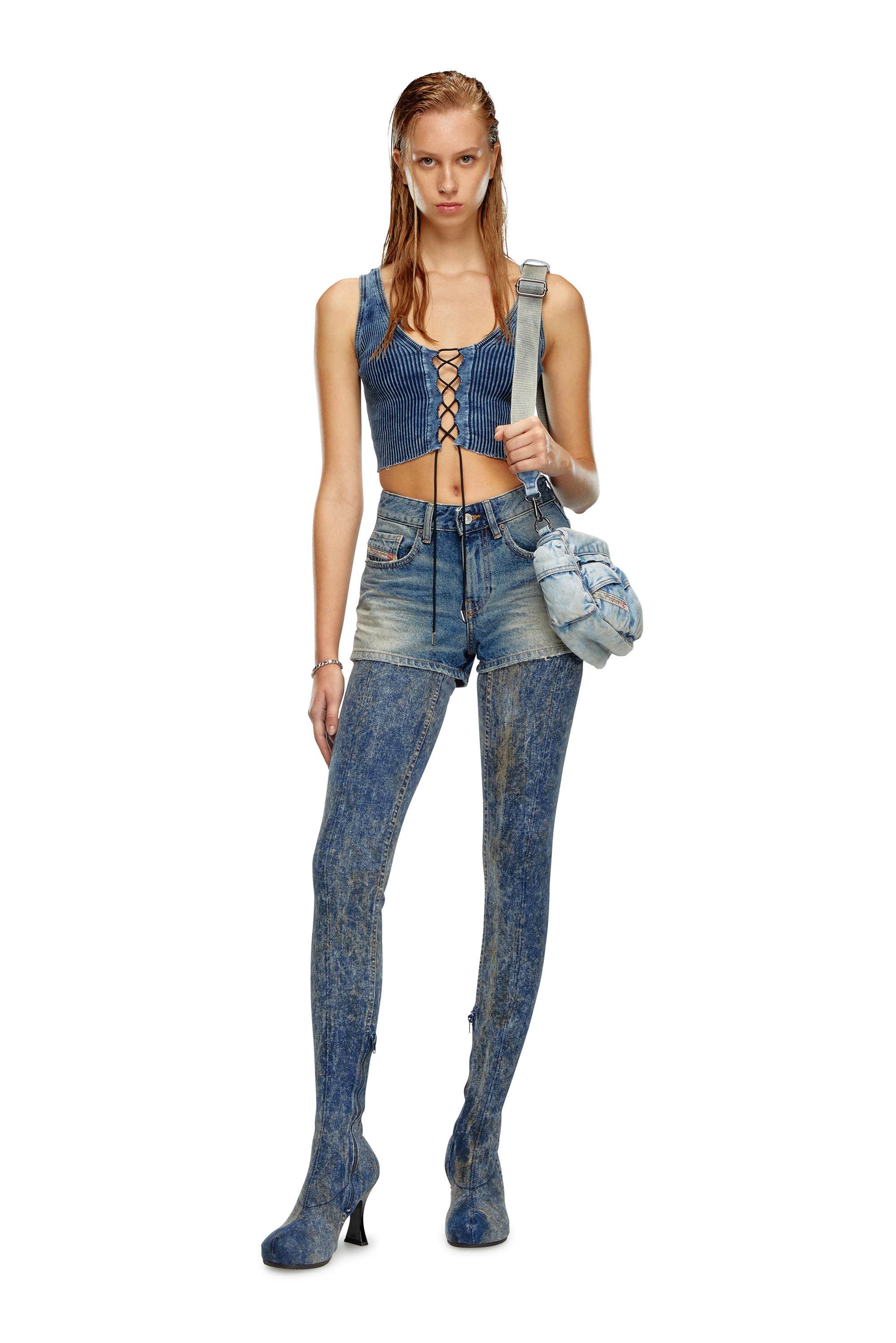 Diesel - M-ADONE, Woman's Cropped lace-up tank top in indigo knit in Blue - 2