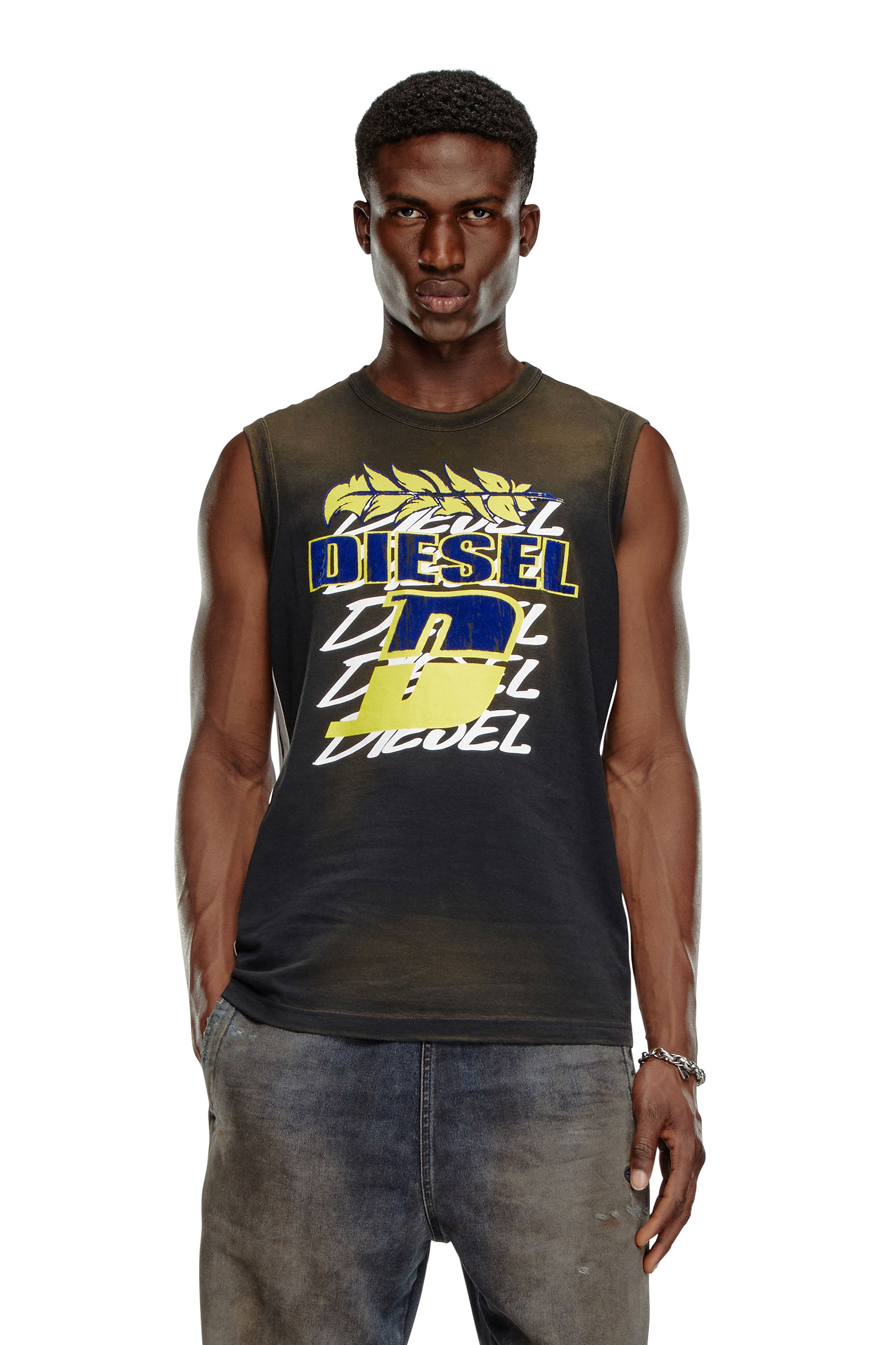 Diesel - T-BISCO-STRIPE, Camiseta sin mangas desteñida por el sol con bandas laterales Hombre in Negro - 1