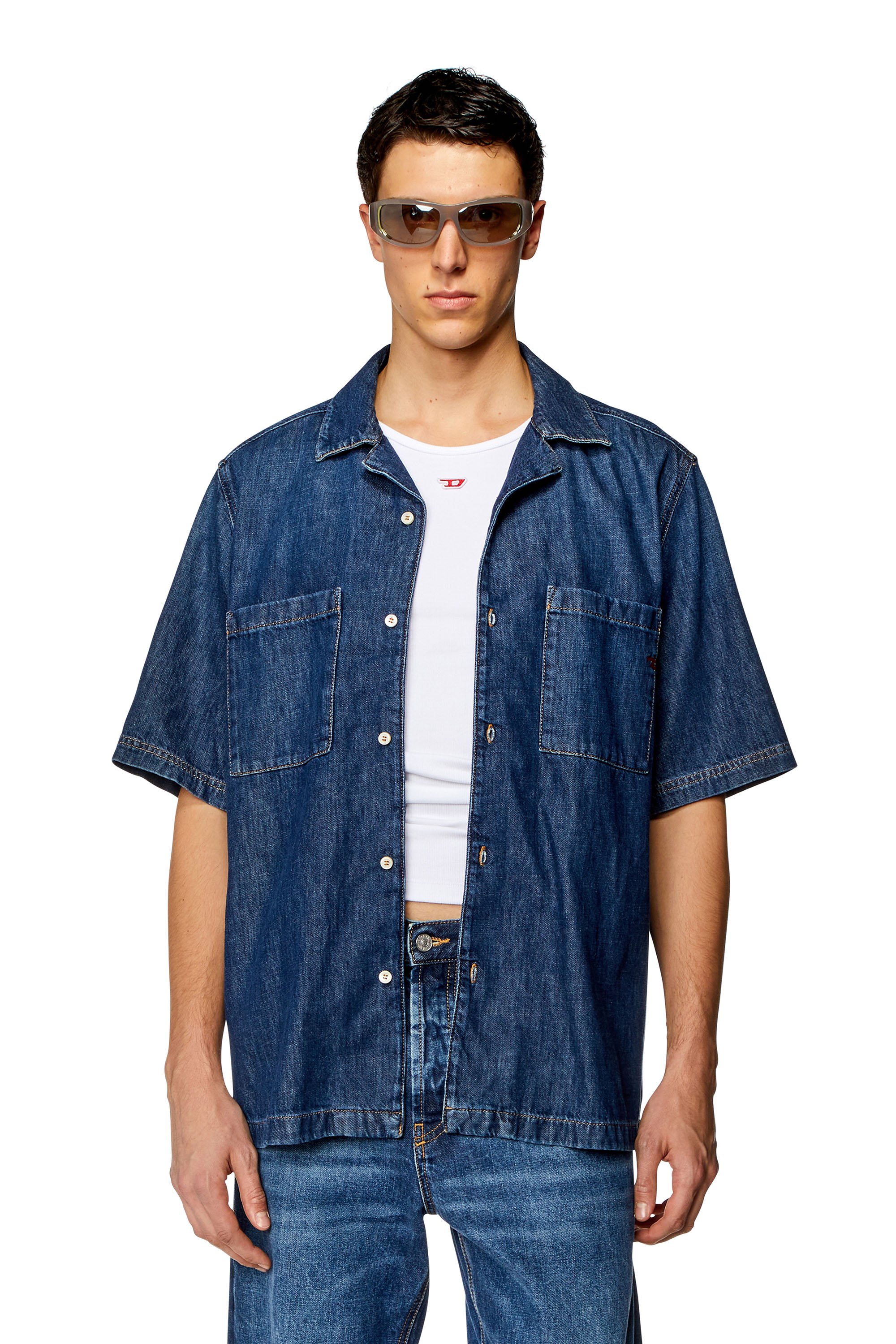 Diesel - D-PAROSHORT, Man's Bowling shirt in denim in Dark Blue - 2