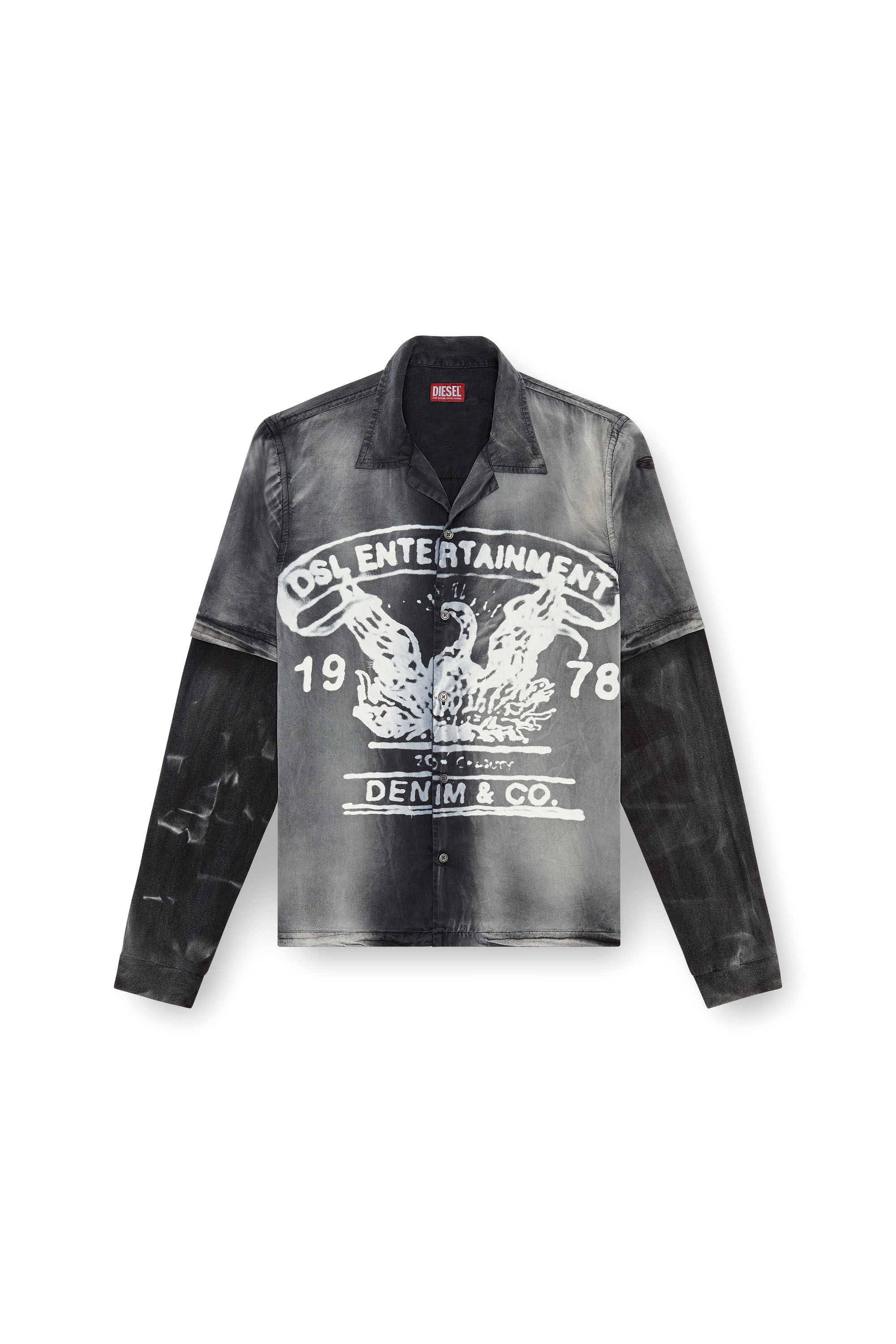 Diesel - S-EEKLO, Man's Faded bowling shirt with logo graphic in Black/Grey - 4