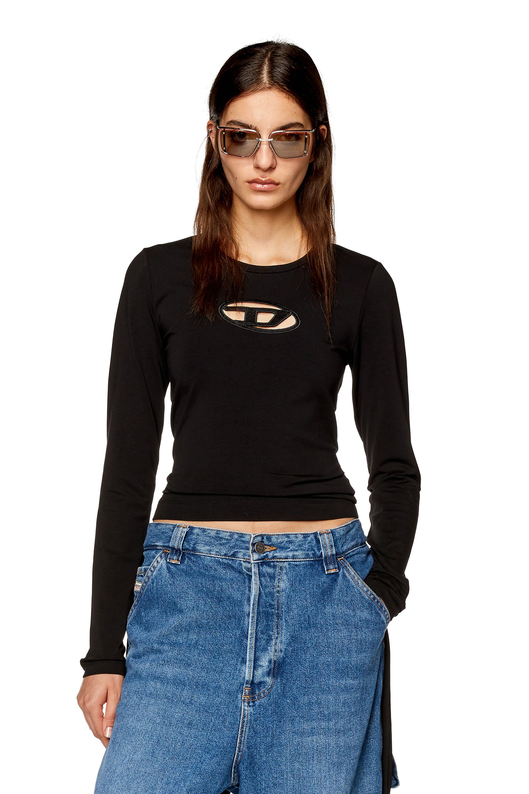 Diesel - T-ANGIE-LS, Woman's Long-sleeve T-shirt with cut-out logo in Black - 1