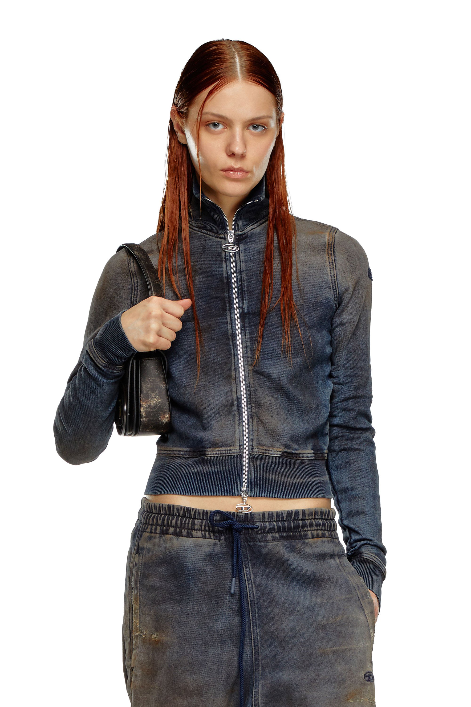 Diesel - D-EMY TRACK, Woman's Zip-up sweatshirt in distressed Track Denim in Dark Blue - 2