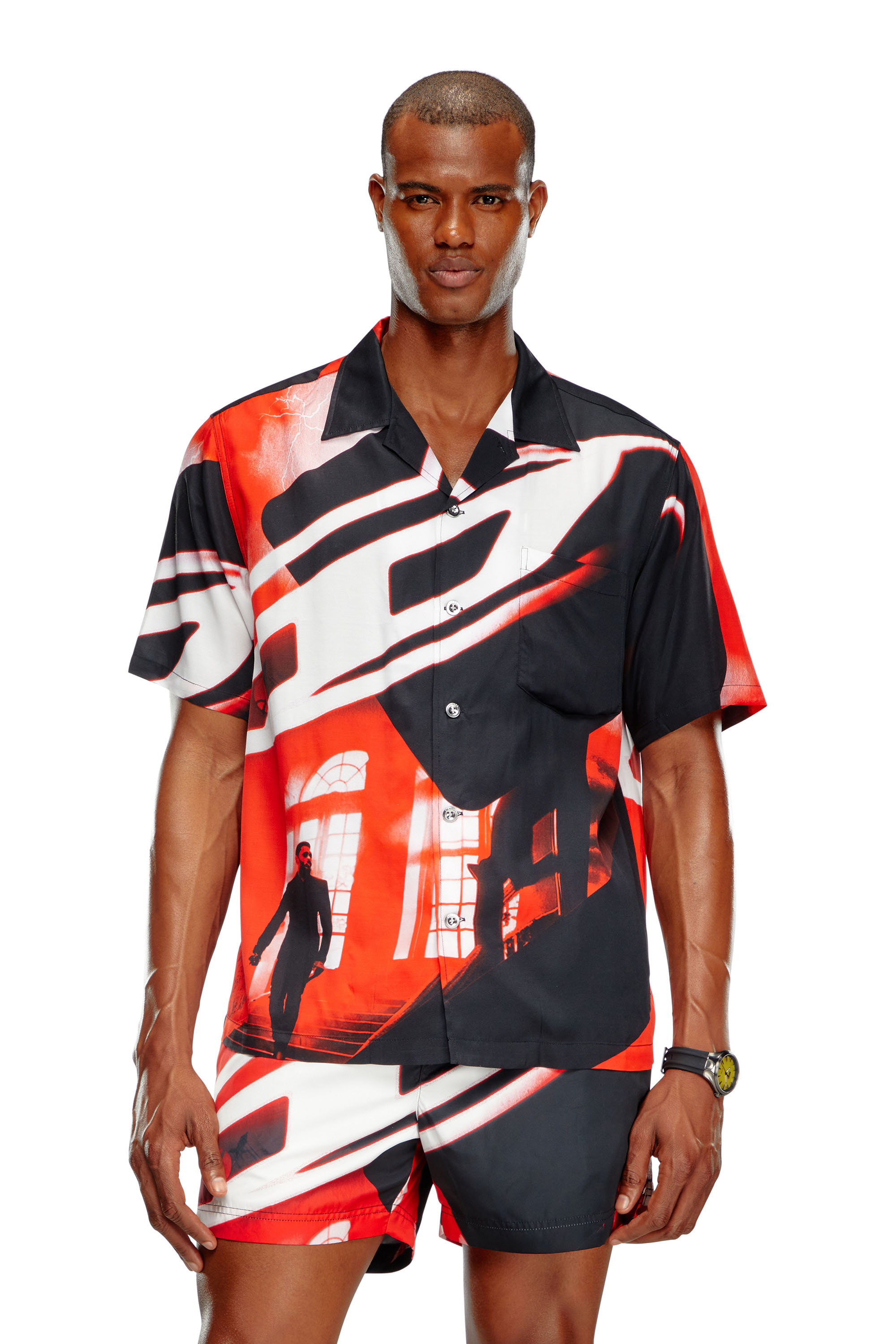 Diesel - BMOWT-ADRIAN, Man's Beach shirt with Oval D poster print in Red/Black - 1