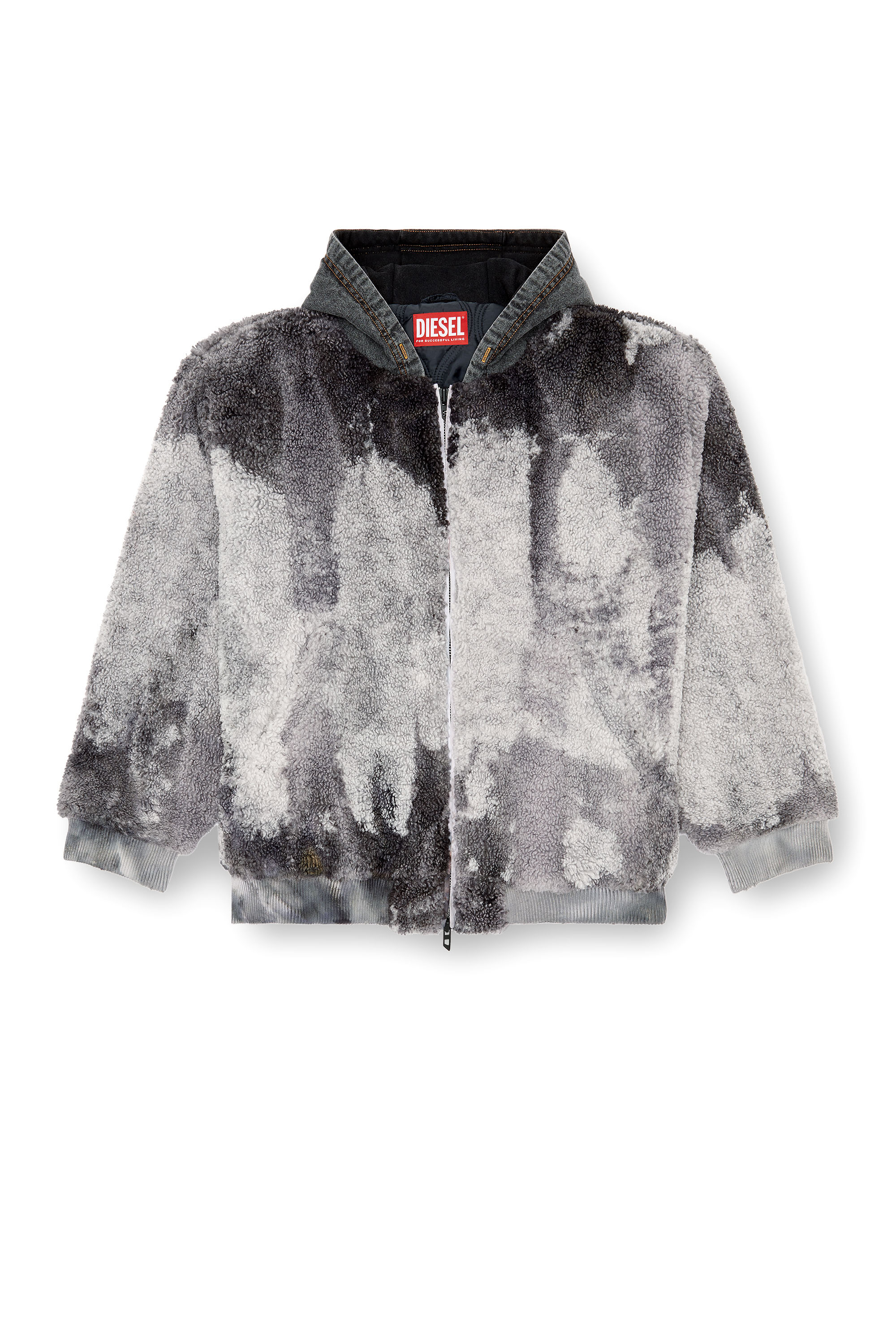 Diesel - S-DEPLA, Man's Tie-dyed teddy jacket with denim hood in Grey - 6