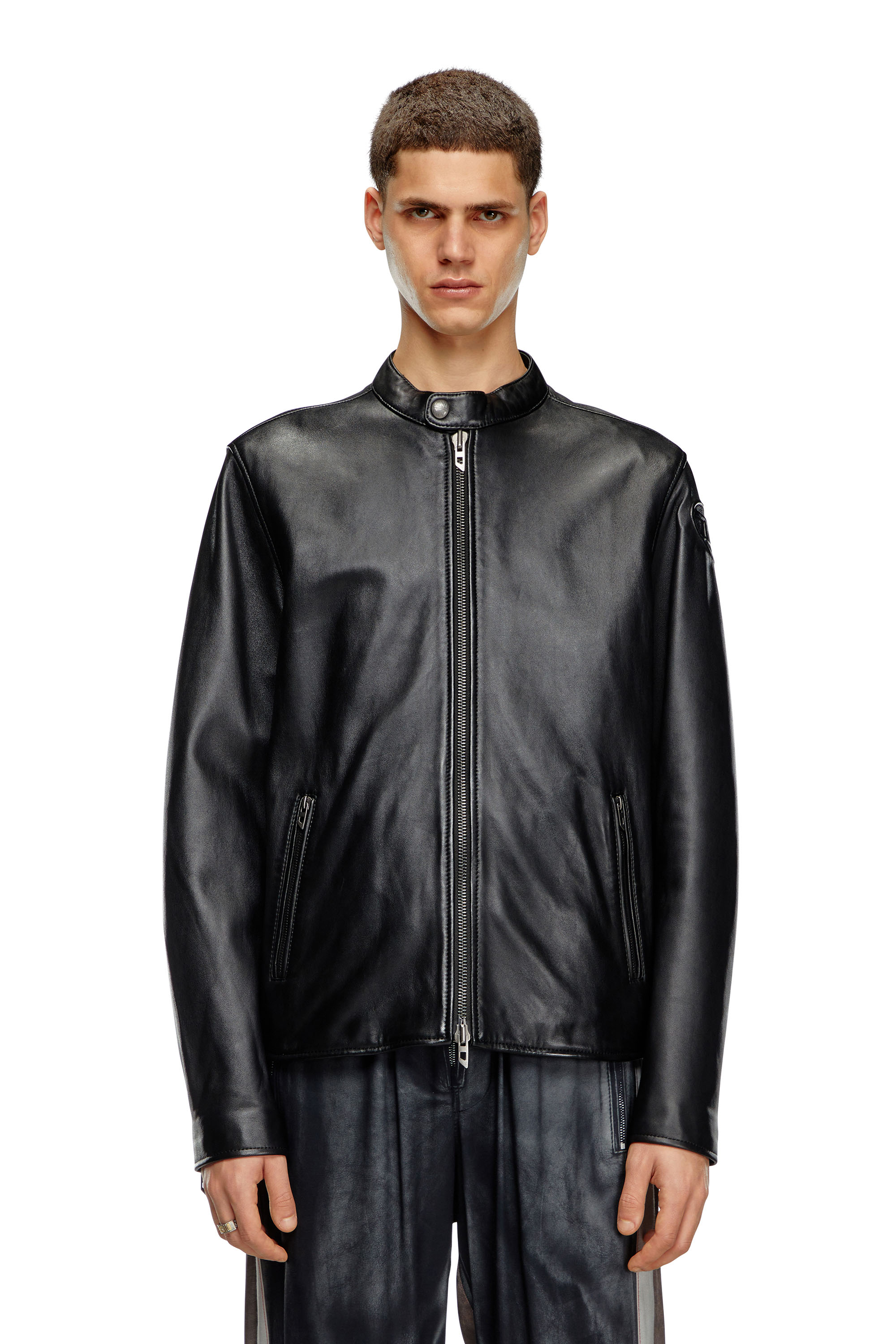 Diesel - L-CARVER, Man's Leather biker jacket with embossed logo in Black - 1