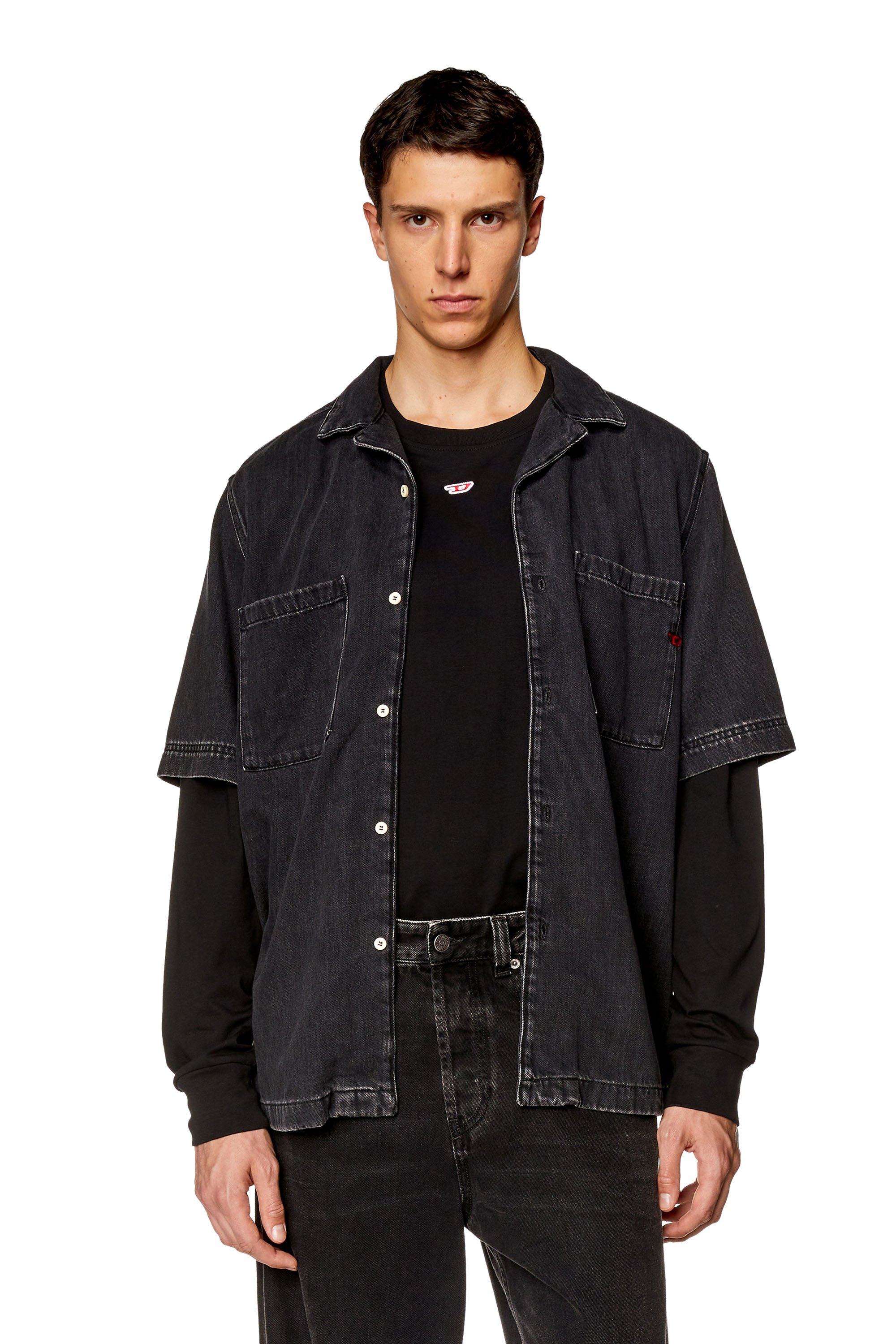 Diesel - D-PAROSHORT, Man's Bowling shirt in Tencel denim in Black - 1