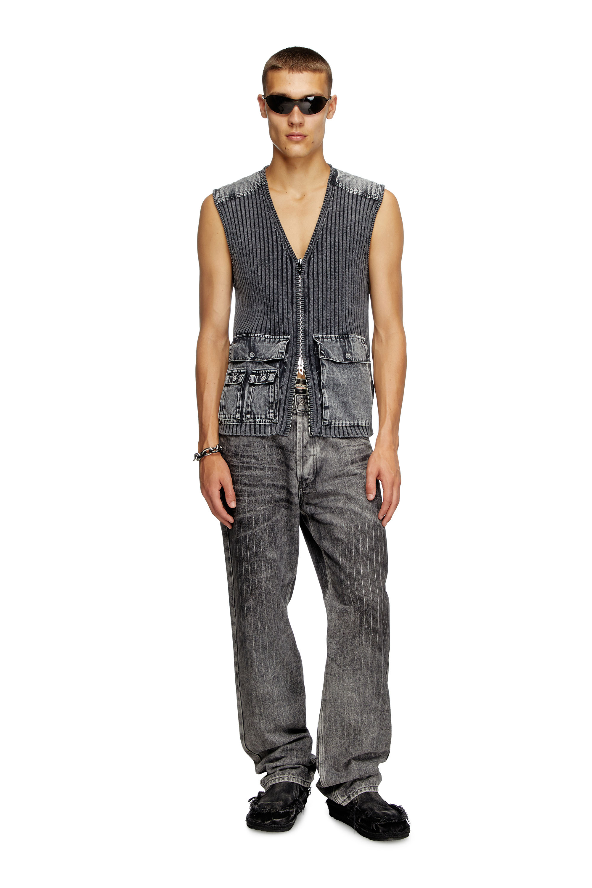 Diesel - K-MARGIE, Chaleco utilitario de tejido en canalé y denim Hombre in Gris - 5