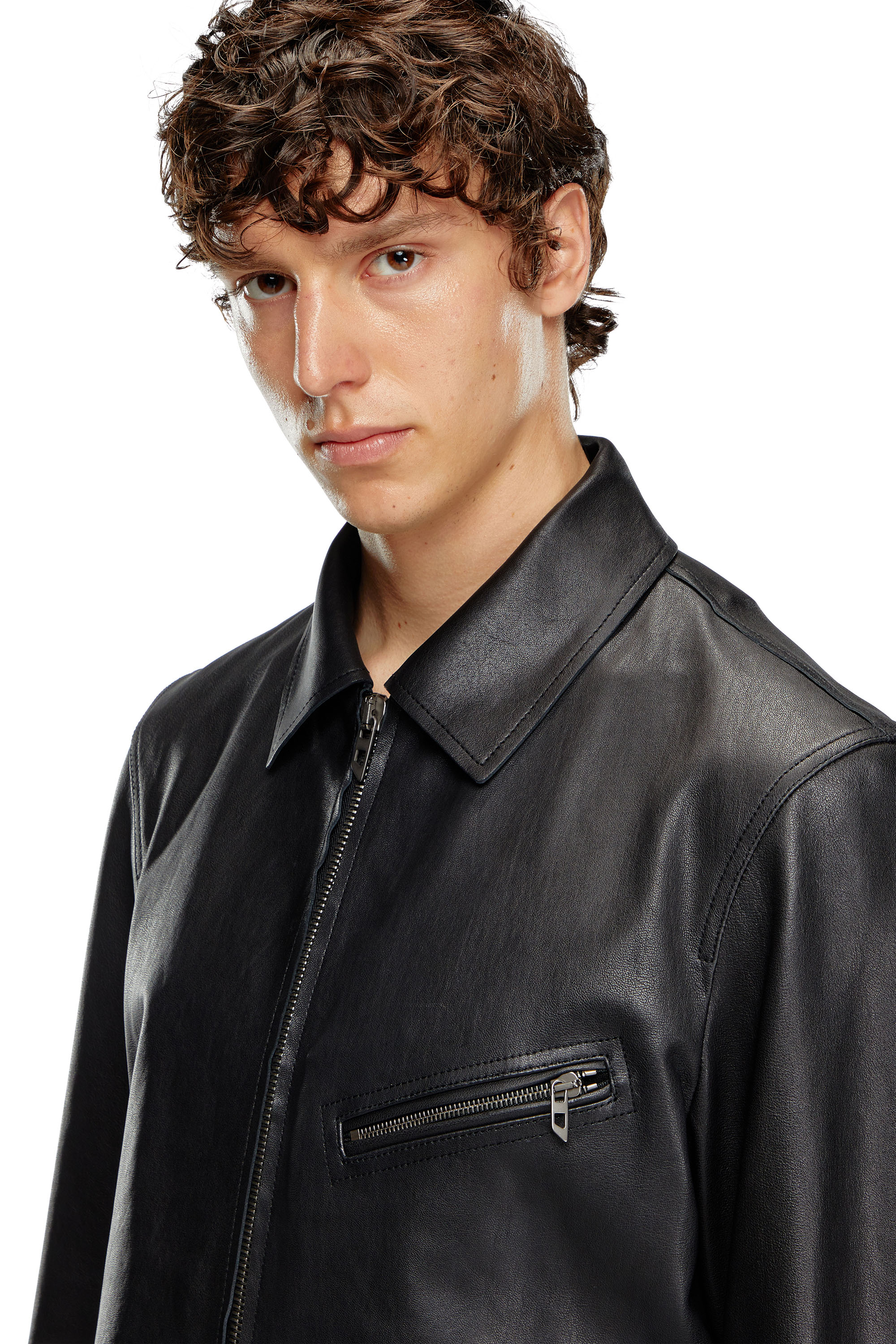 Diesel - L-KORN-A, Man's Leather jacket with embossed Oval D in Black - 4