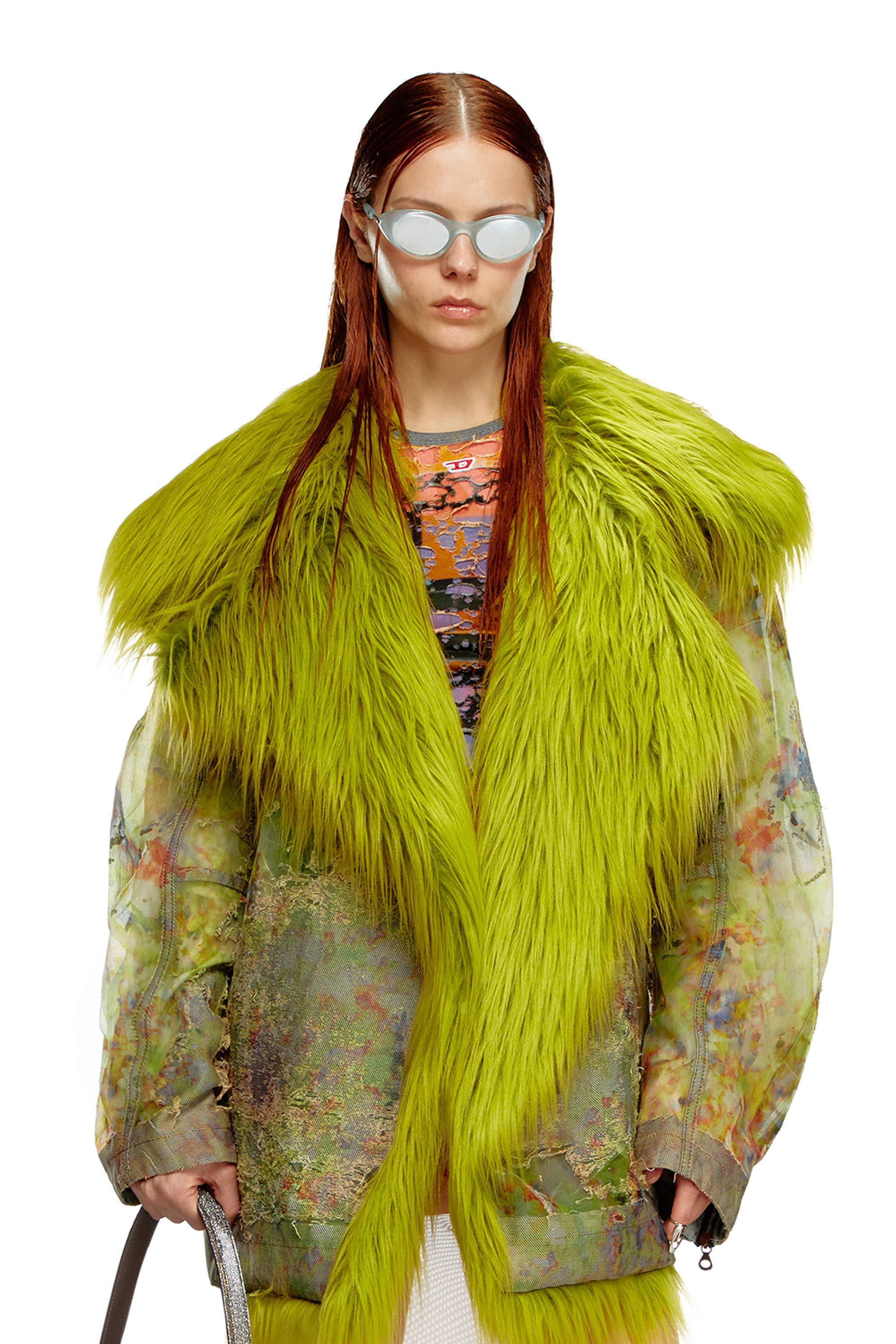 Diesel - DE-BIKA-FSE, Woman's Printed devoré jacket with shaggy collar in Green - 1