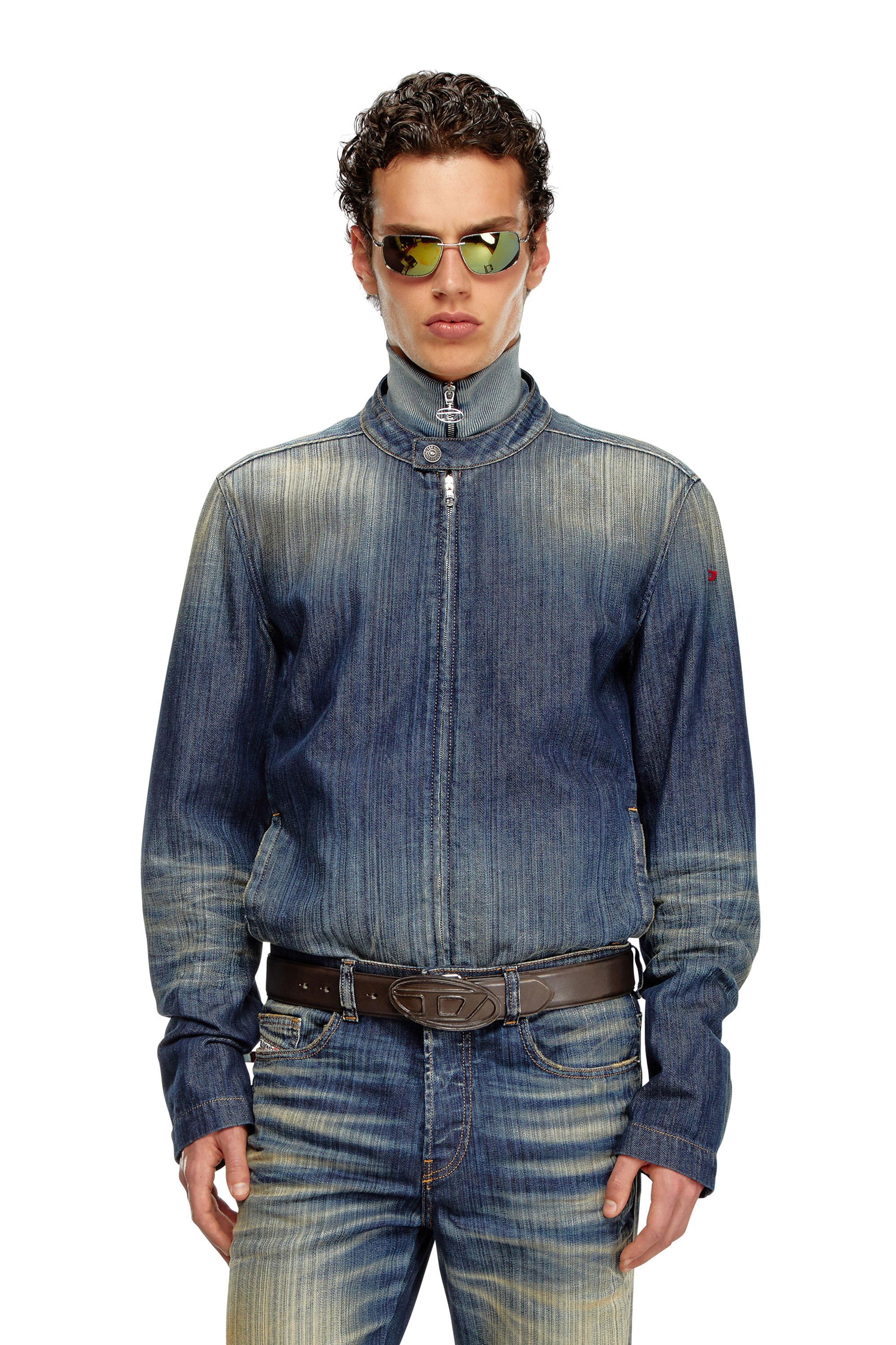 Diesel - D-GLORY, Man's Moto jacket in streaky denim in Dark Blue - 1