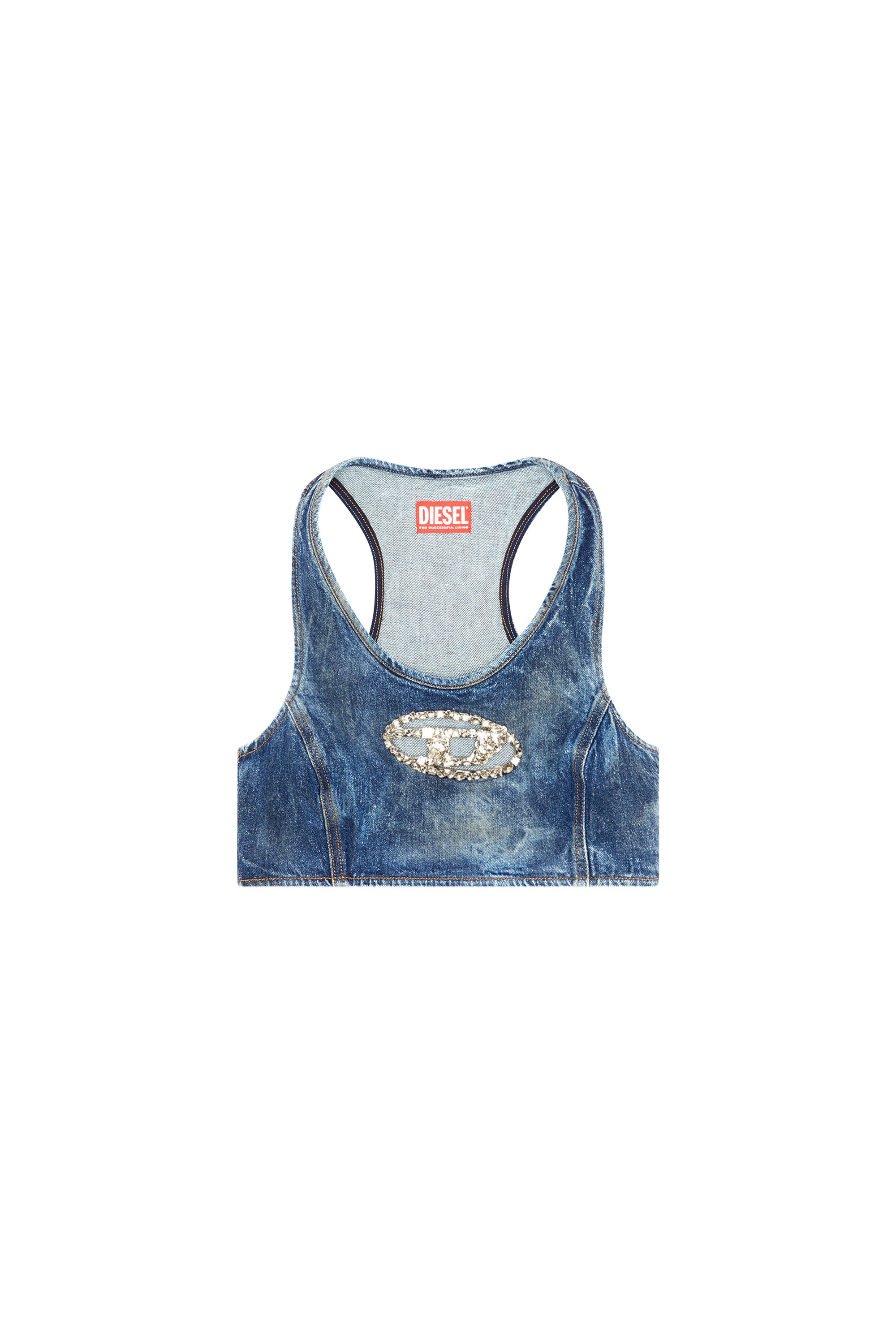 Diesel - DE-TOP-FSE, Top de denim recortado con placa de cristal Mujer in Azul marino - 5