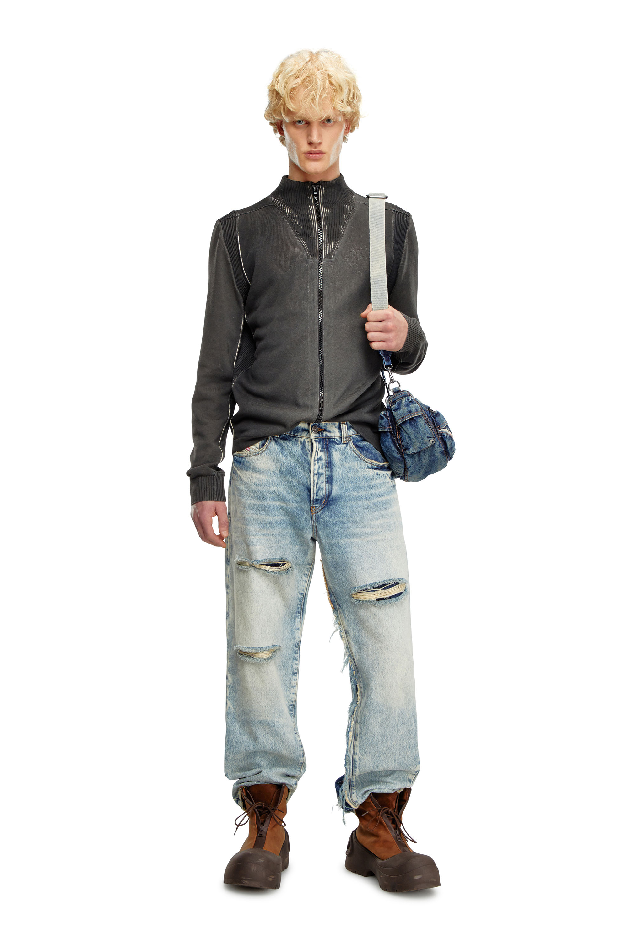 Diesel - K-DENIM-ZIP, Man's Zip cardigan in treated cotton in Black - 4