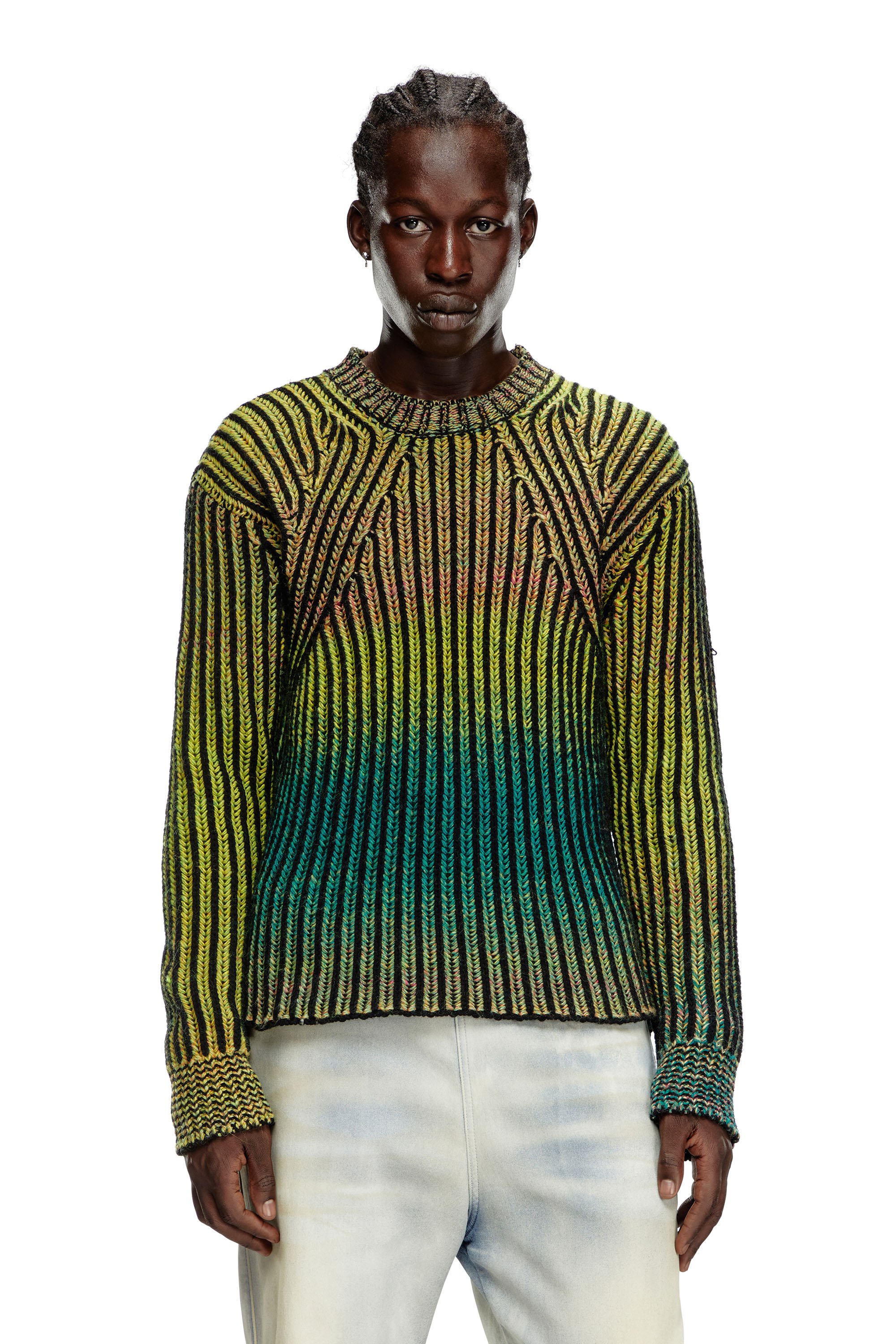 Diesel - K-OAKLAND-A, Man's Striped ribbed jumper in wool blend in Green - 1