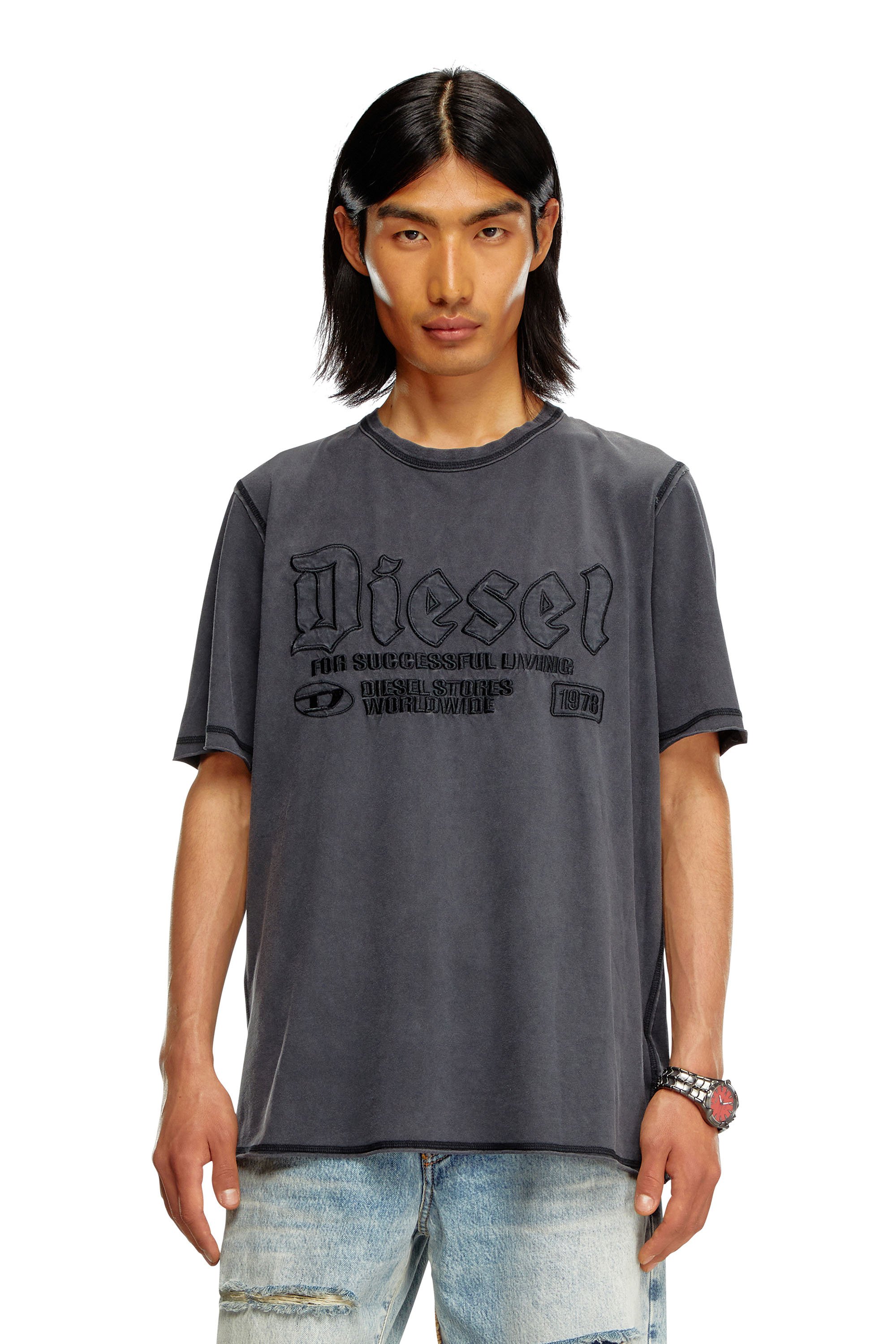 Diesel - T-RAWJUST, Camiseta desteñida con bordado a tono Hombre in Negro - 1