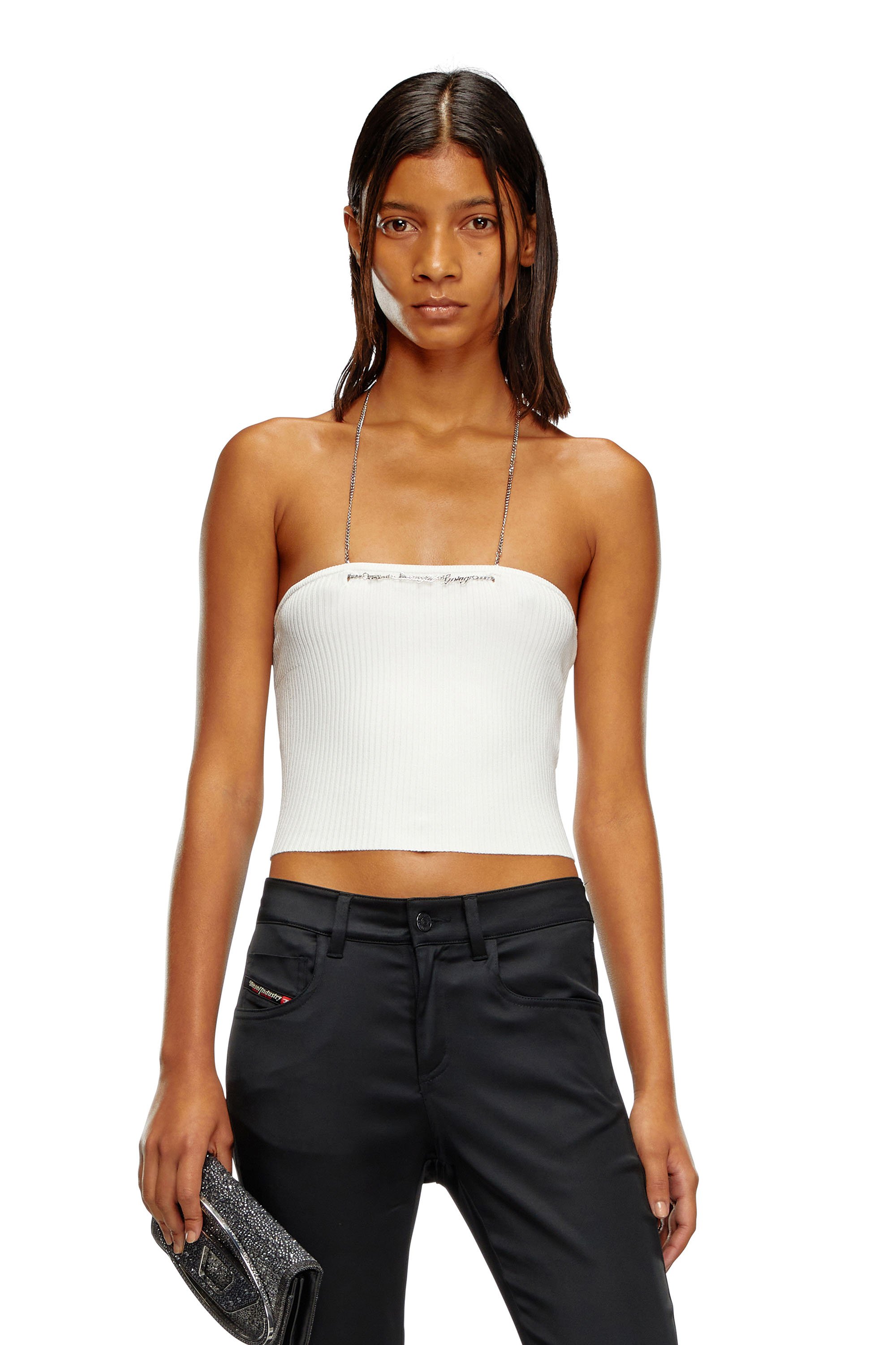 Diesel - M-ANDAS, Top de punto recortado con escote halter con cadena Mujer in Blanco - 1