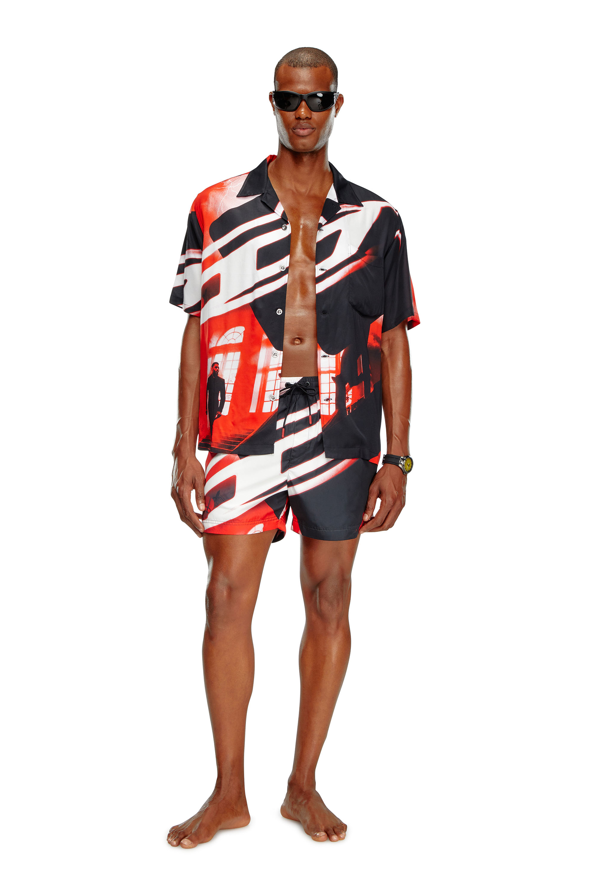 Diesel - BMOWT-ADRIAN, Man's Beach shirt with Oval D poster print in Red/Black - 1