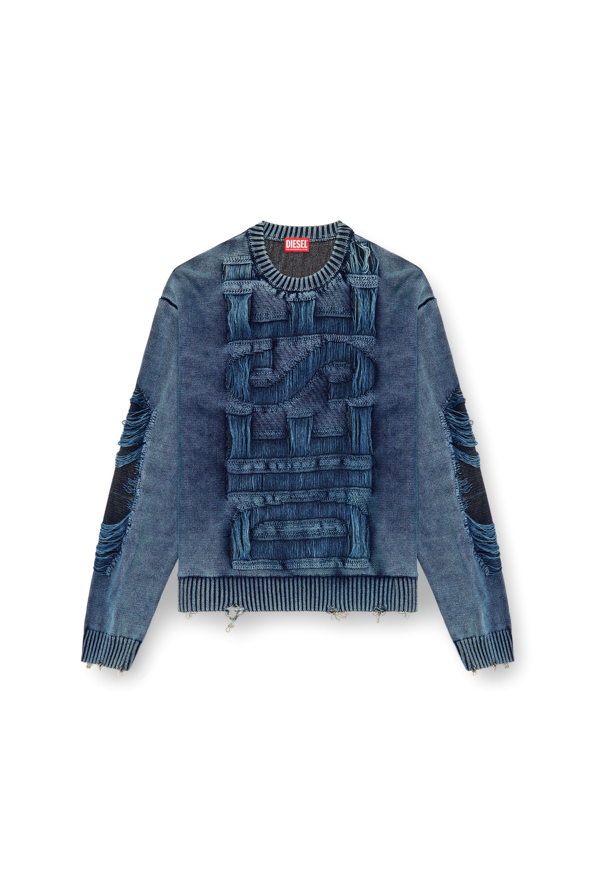 Diesel - K-ROTTISSIMO, Man's Destroyed jumper with floating yarn logo in Blue - 6