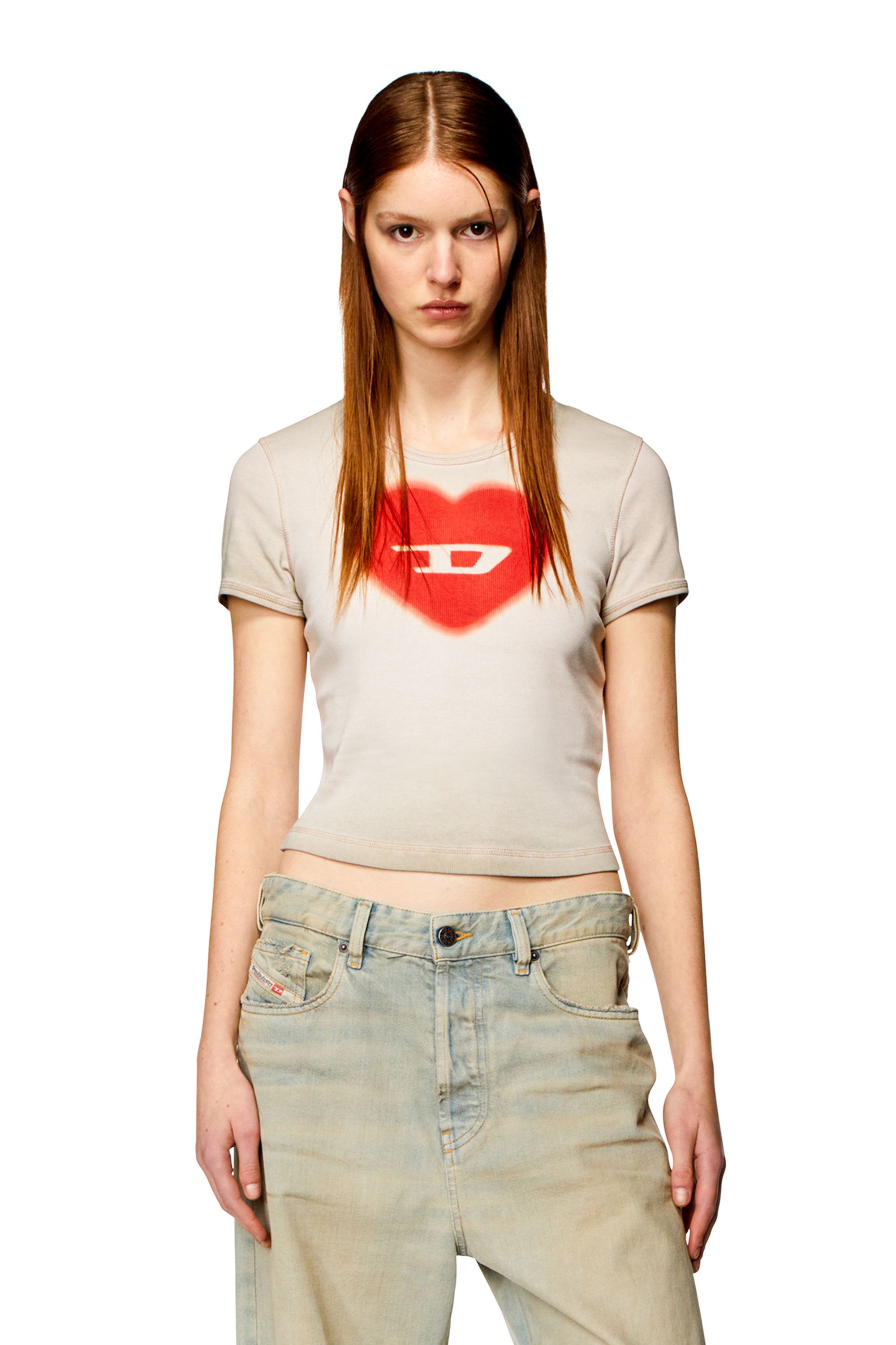 Diesel - T-ELE, Woman's Ribbed T-shirt with watercolour heart D in Beige - 1