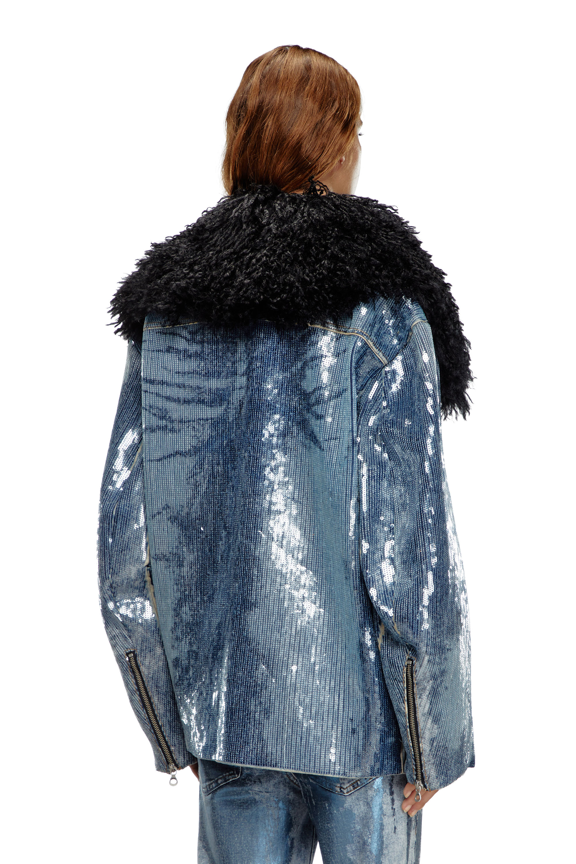 Diesel - DE-BIKA-S, Chaqueta de denim con lentejuelas con cuello peludo Mujer in Azul marino - 3