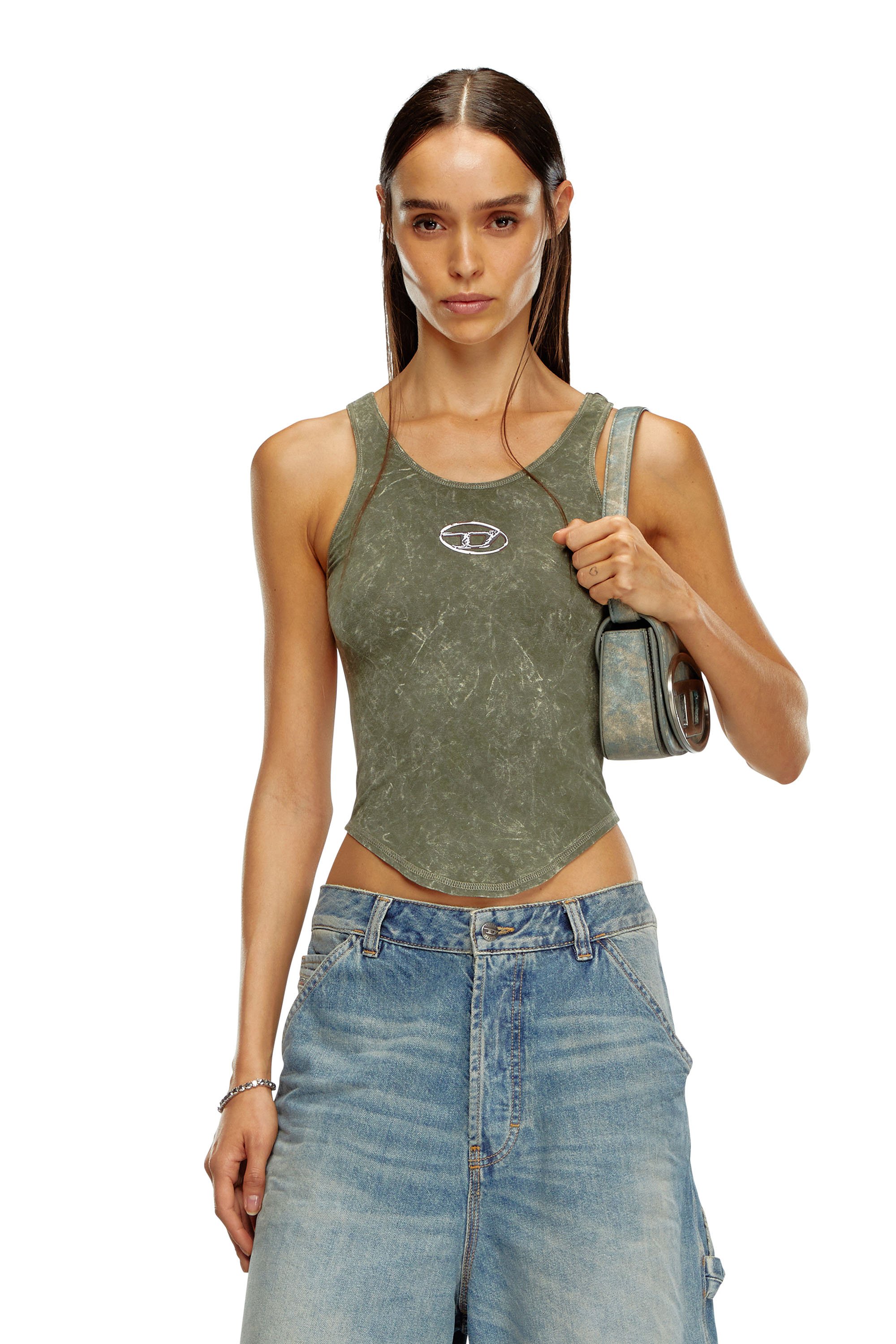 Diesel - T-AVENA-P1, Camiseta de espalda abierta con efecto mármol Mujer in Verde - 1