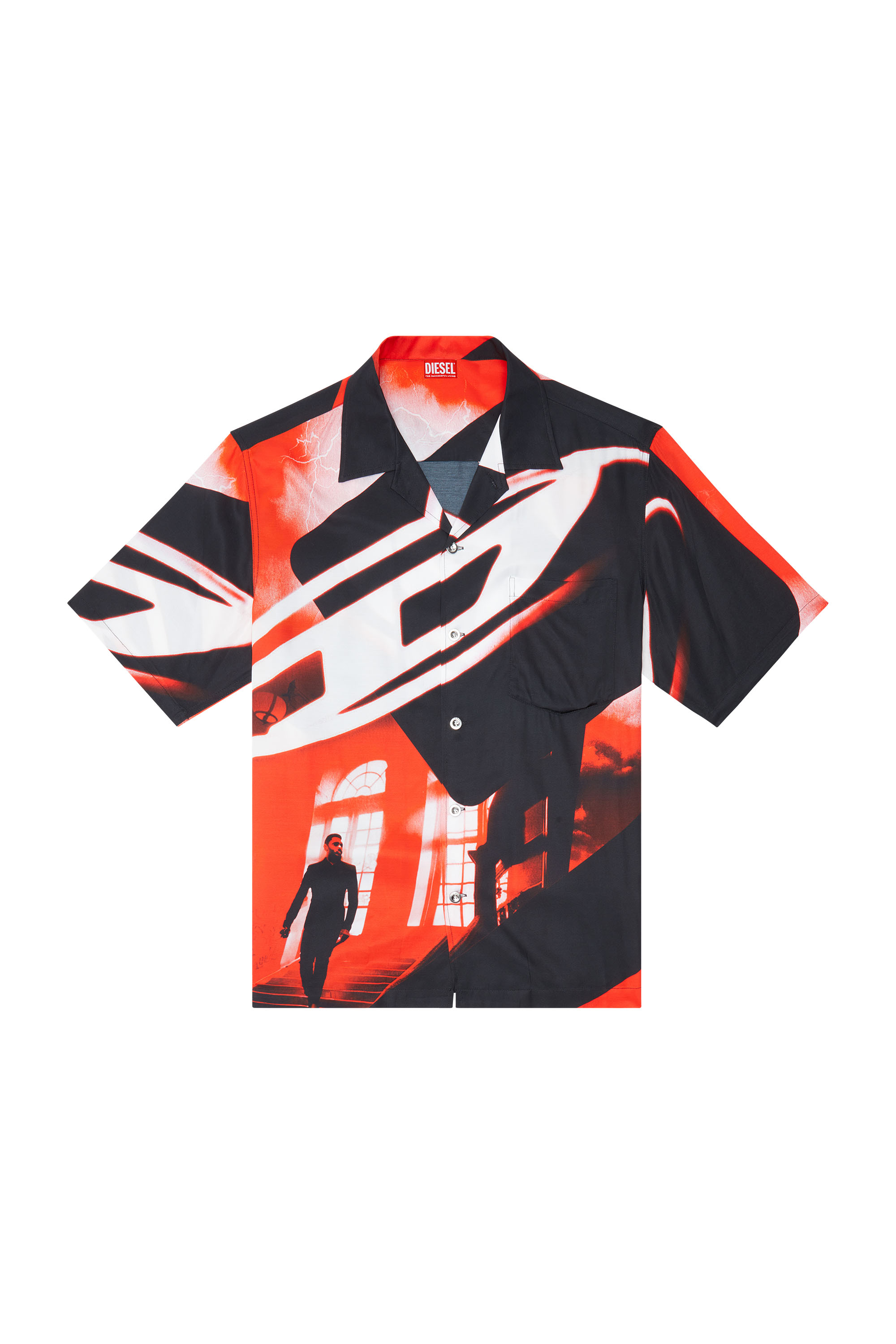 Diesel - BMOWT-ADRIAN, Man's Beach shirt with Oval D poster print in Red/Black - 3