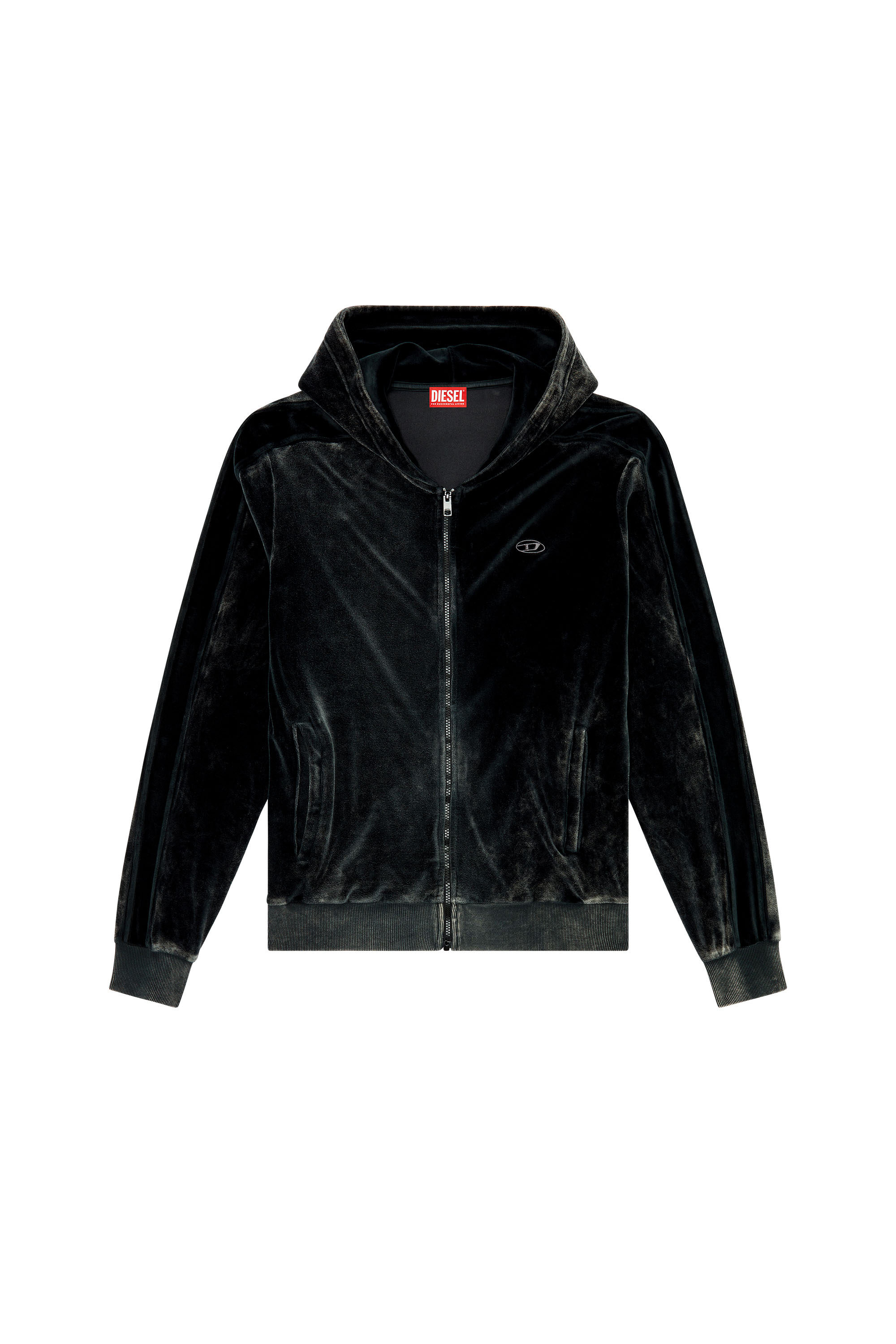 Diesel - S-OCLOCK, Man's Acid-wash chenille zip-up hoodie in Black - 5